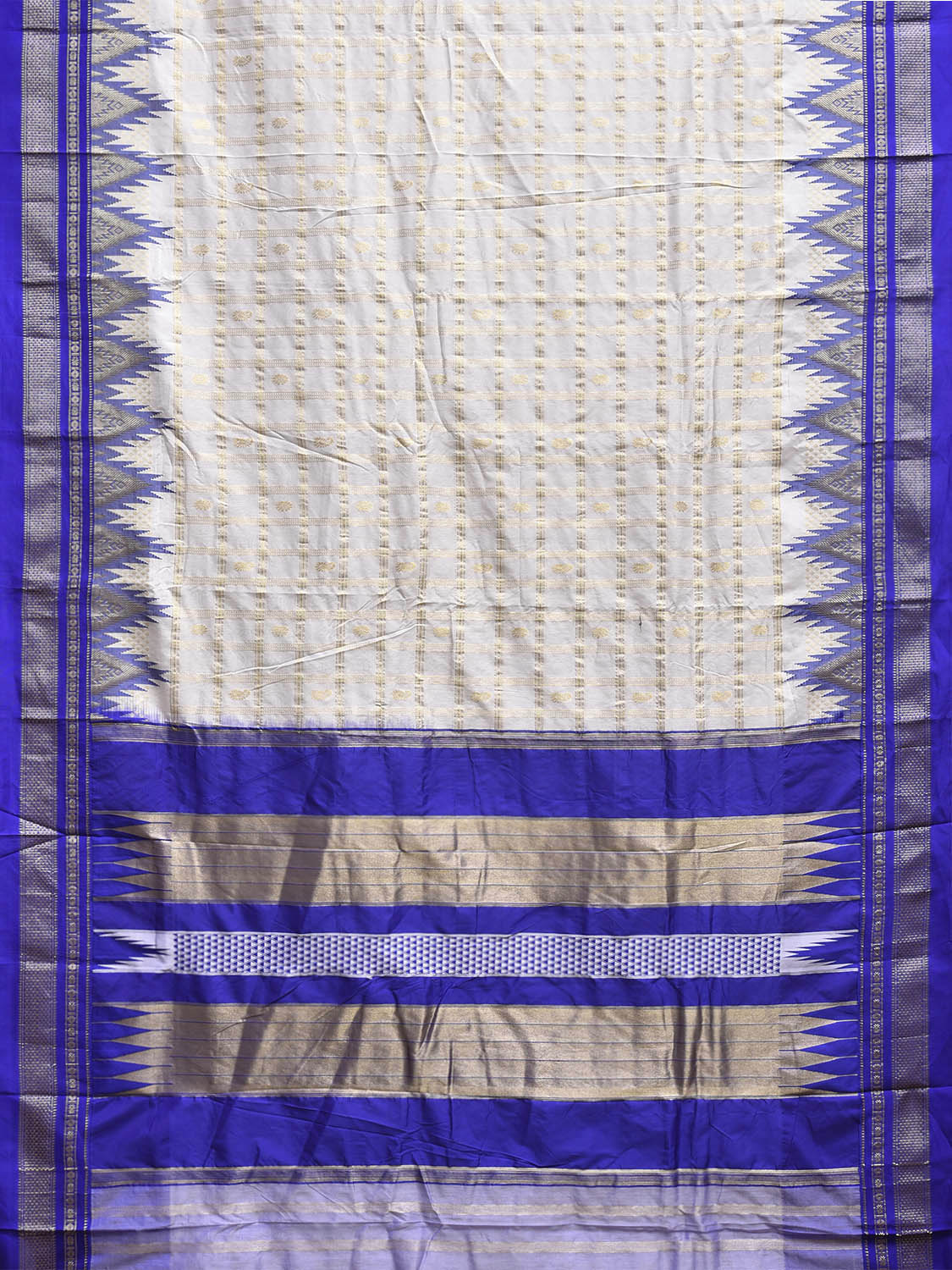 White and Blue ilkal Viscose Saree with Temple Border and Checks Design o0686