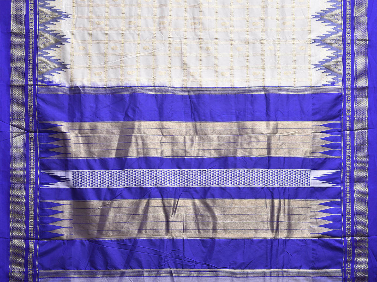 White and Blue ilkal Viscose Saree with Temple Border and Checks Design o0686