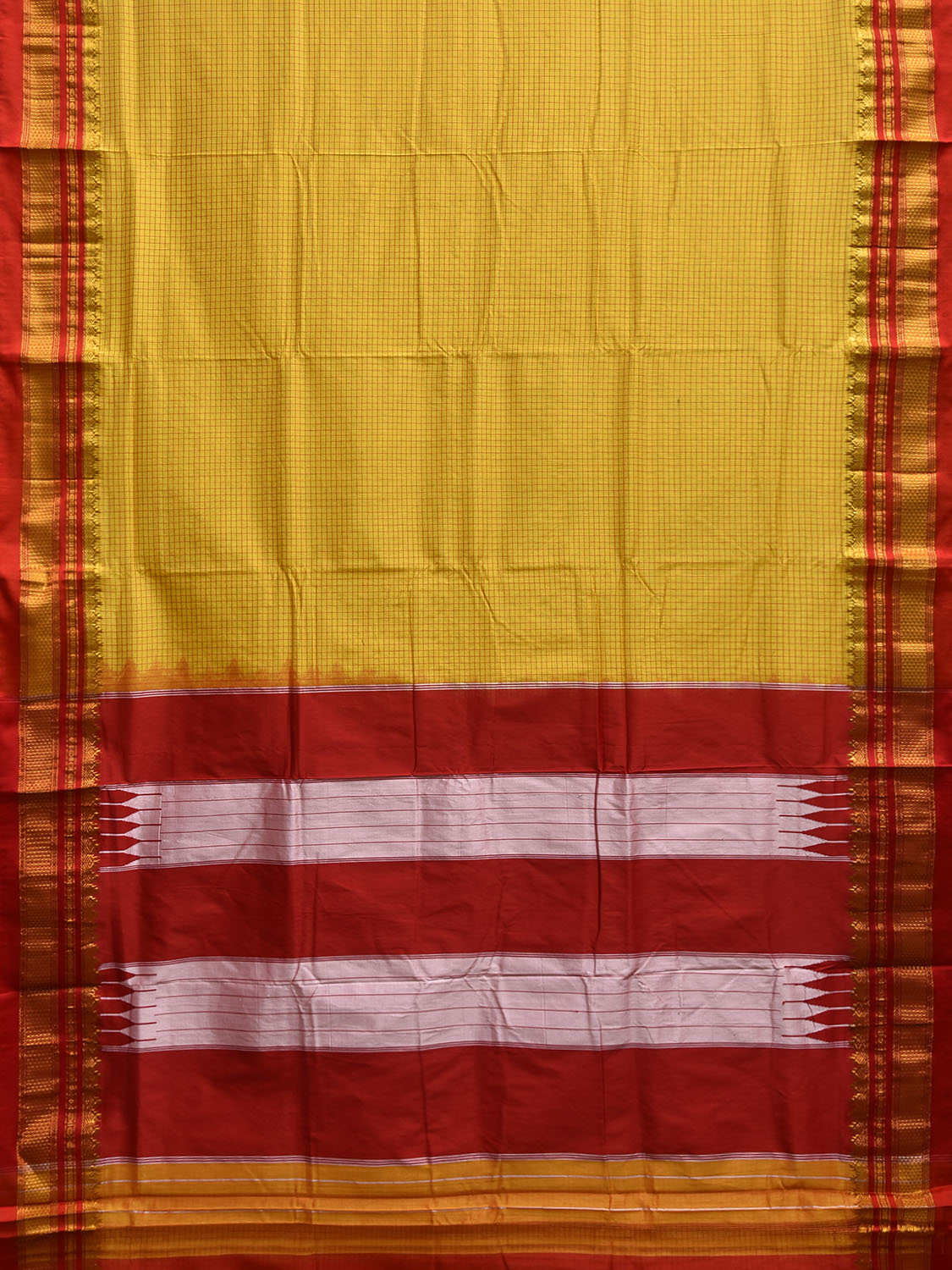 Yellow and Red ilkal Cotton Viscose Saree with Checks and Border Design o0689
