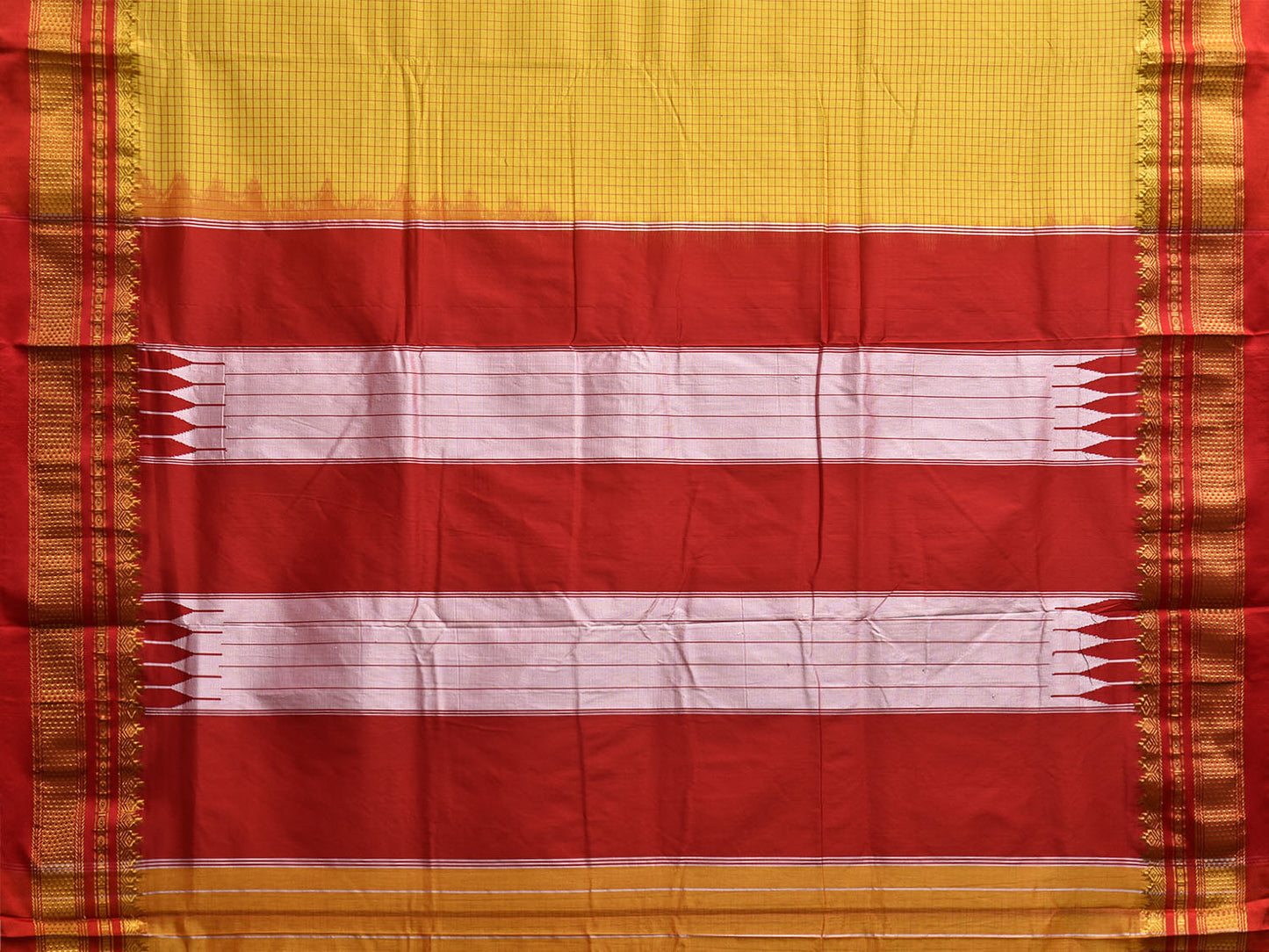 Yellow and Red ilkal Cotton Viscose Saree with Checks and Border Design o0689