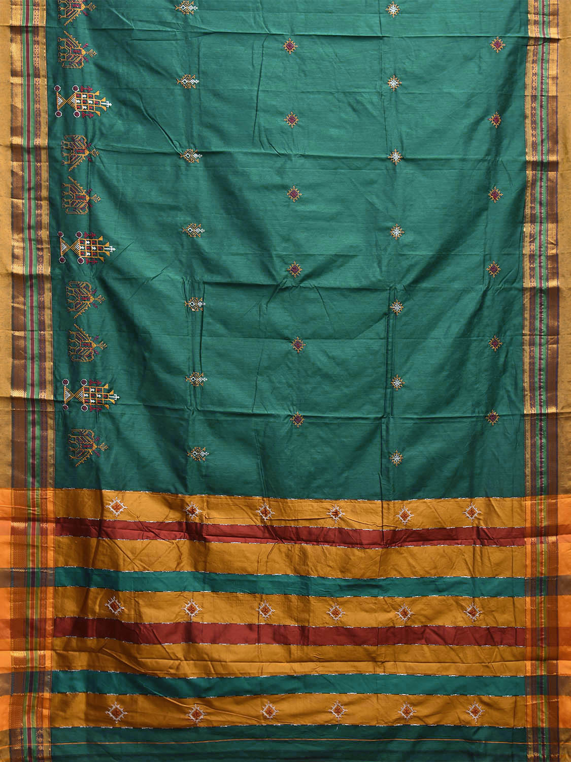 Green and Yellow Kasuti Cotton Viscose Saree with Strips Pallu Design No Blouse o0690