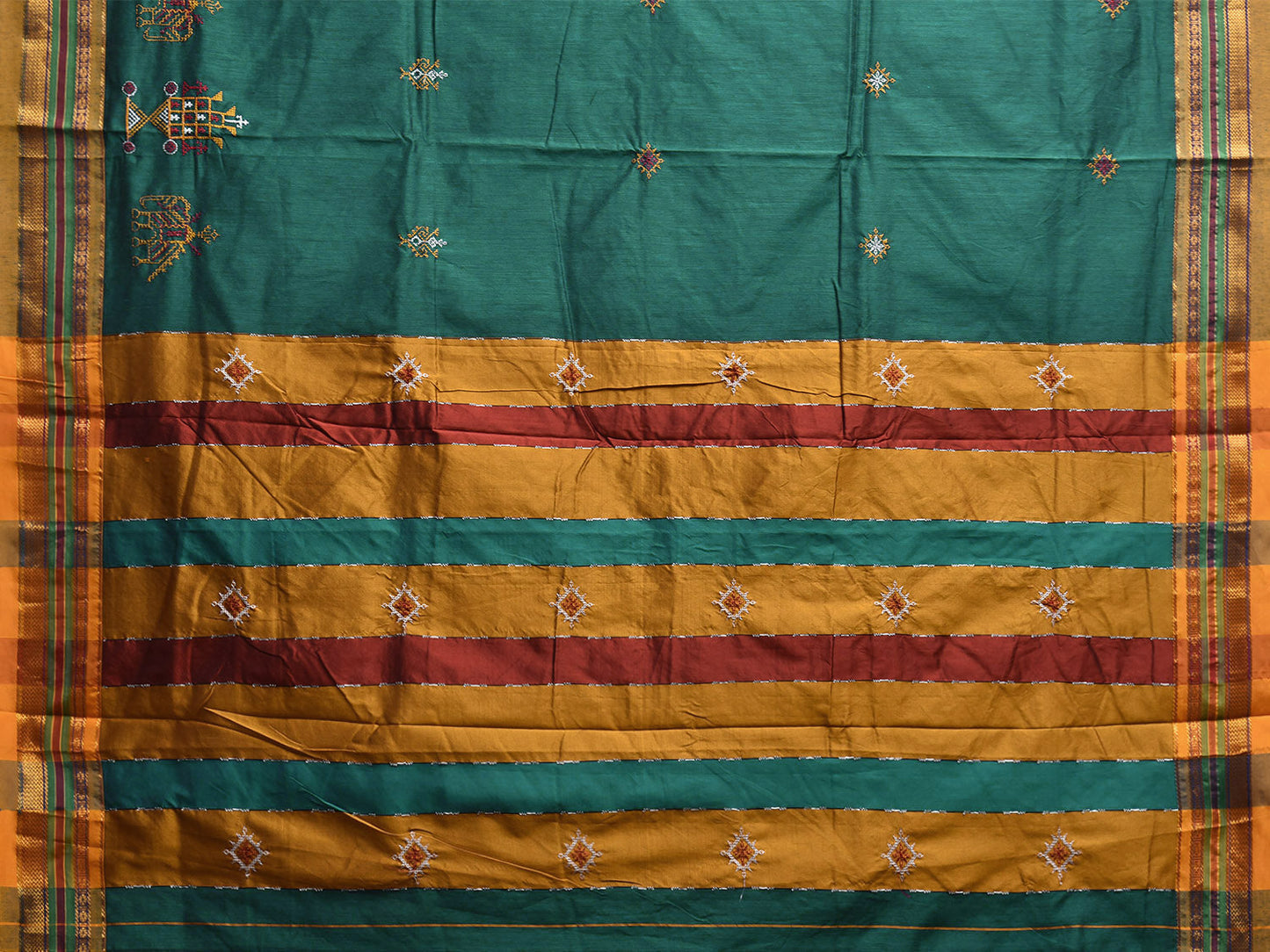 Green and Yellow Kasuti Cotton Viscose Saree with Strips Pallu Design No Blouse o0690