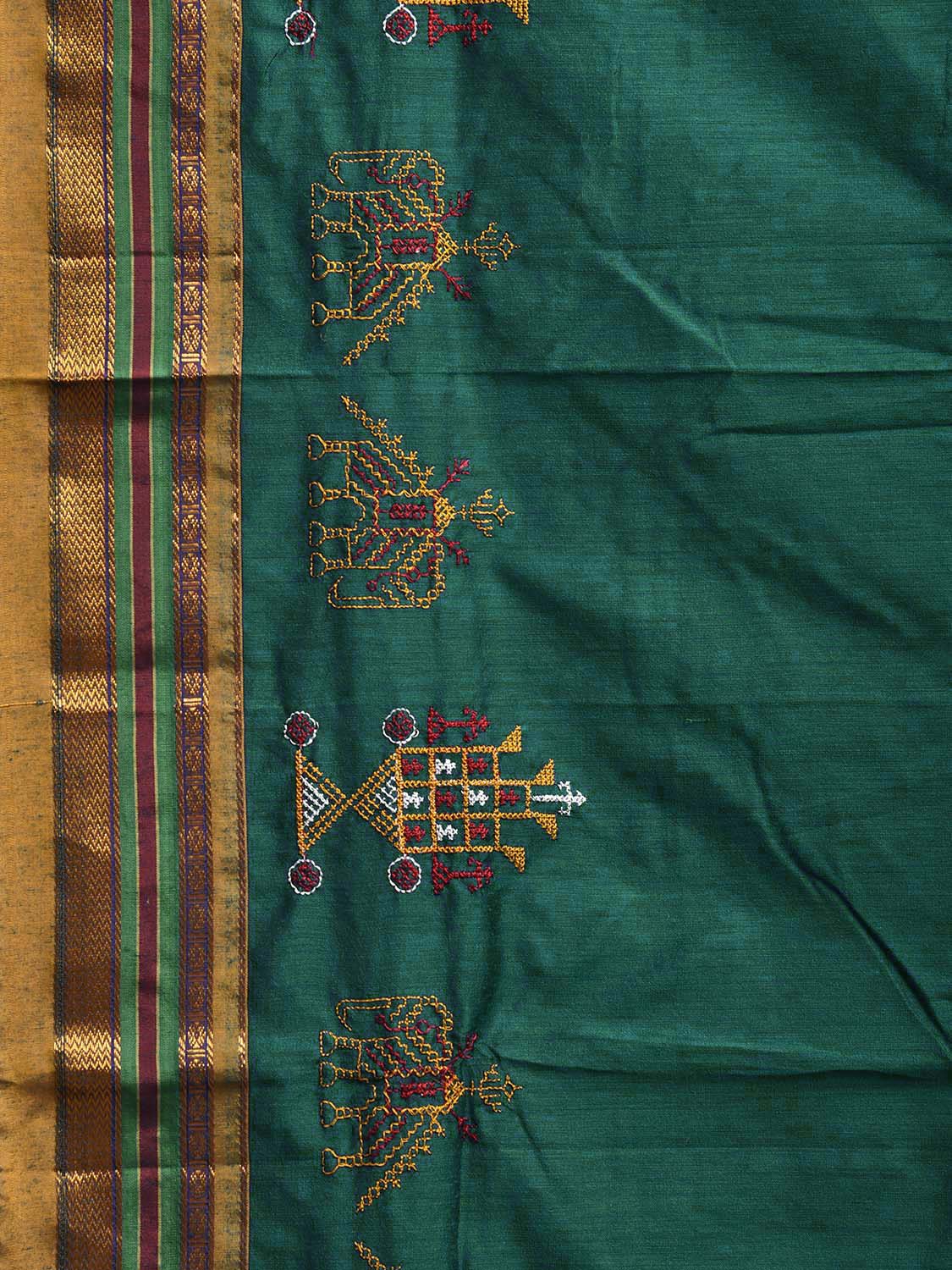 Green and Yellow Kasuti Cotton Viscose Saree with Strips Pallu Design No Blouse o0690