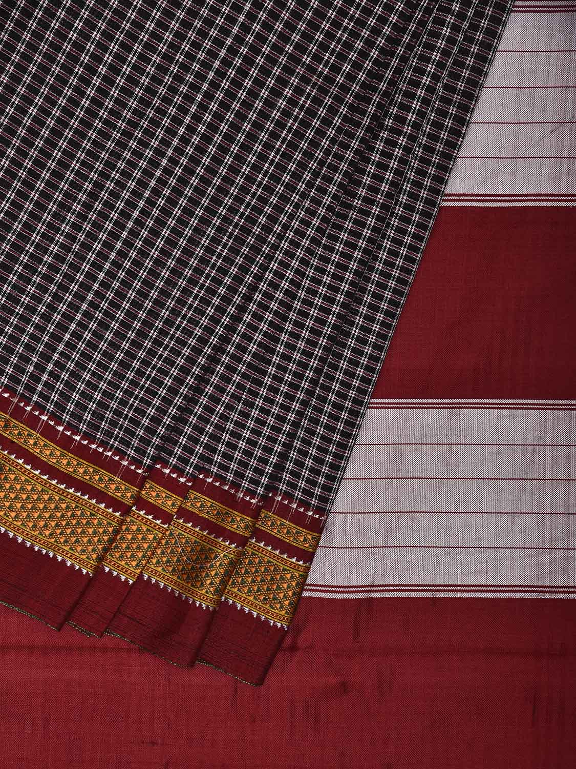 Black and Maroon ilkal Cotton Viscose Saree with Checks and Strips Pallu Design o0693