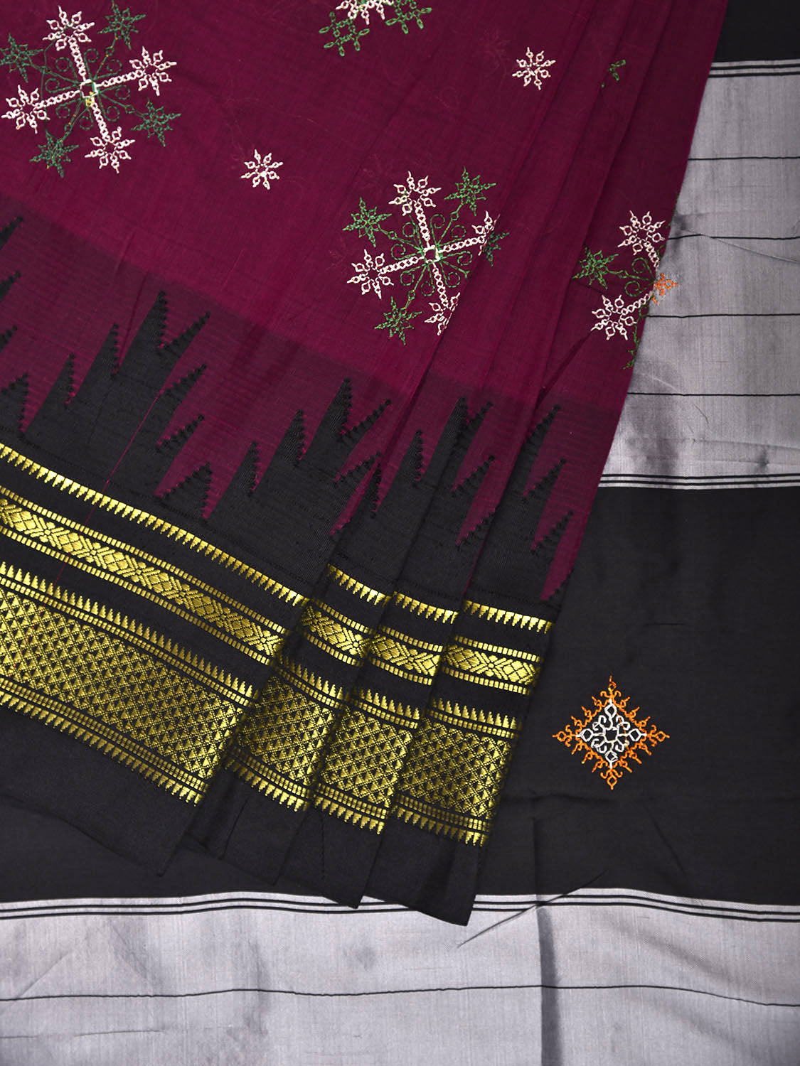 Purple and Black Kasuti Viscose Saree with Temple Border and Strips Pallu Design o0696