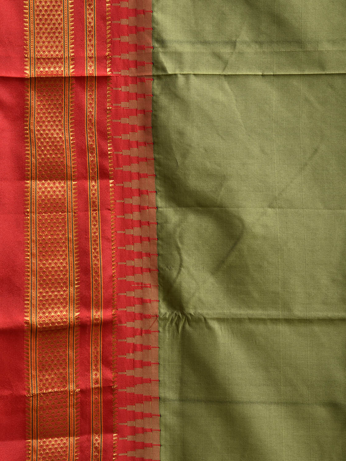 Olive and Red ilkal Viscose Saree with Strips Pallu and Temple Border Design o0698