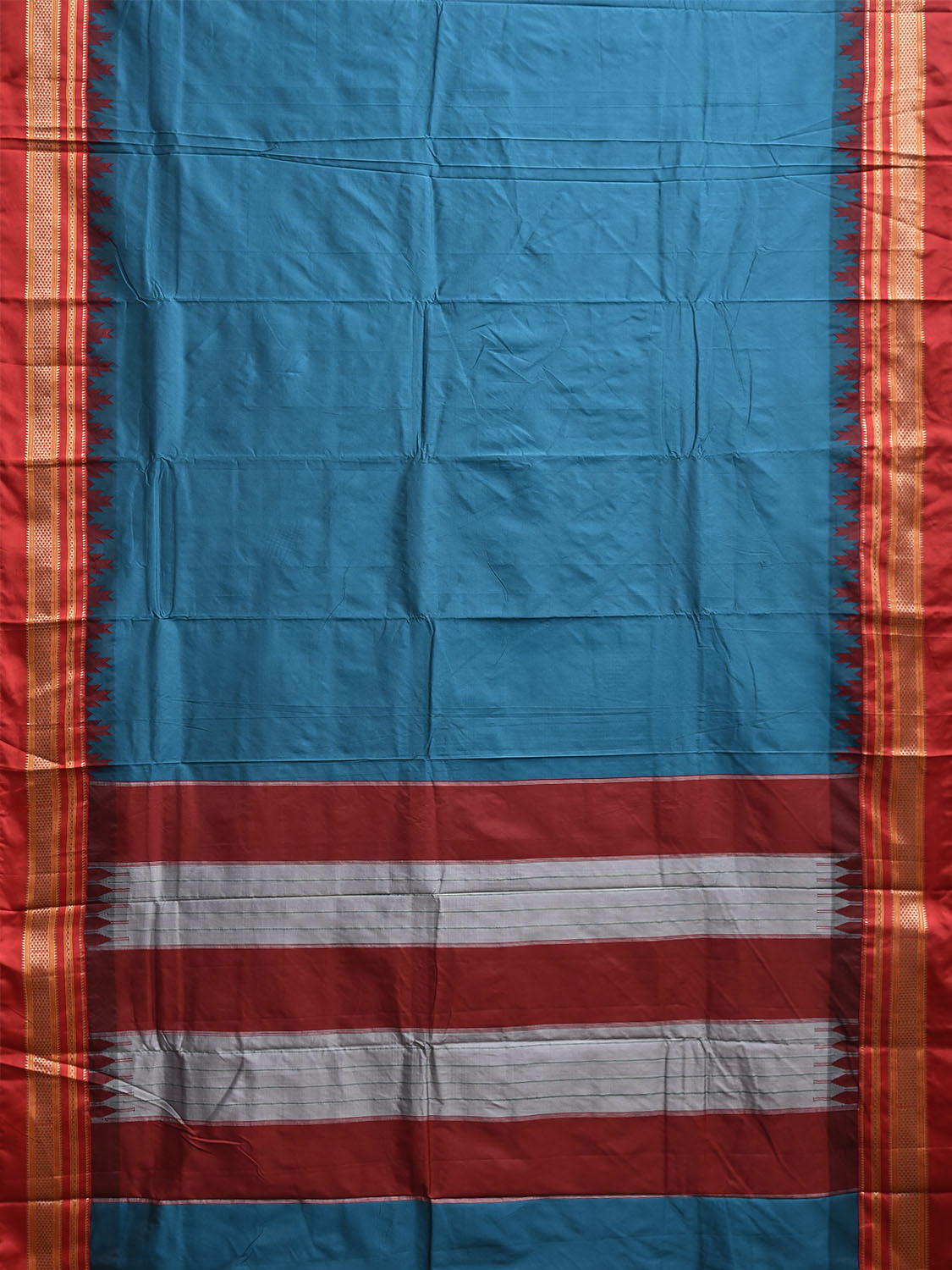 Blue and Red ilkal Viscose Saree with Strips Pallu and Temple Border Design o0699
