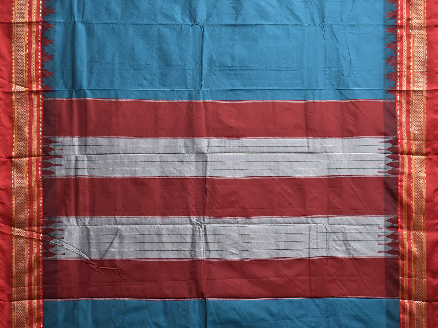 Blue and Red ilkal Viscose Saree with Strips Pallu and Temple Border Design o0699