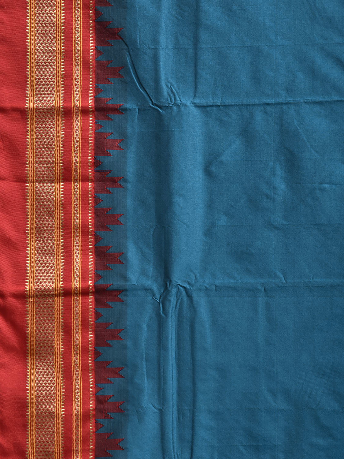 Blue and Red ilkal Viscose Saree with Strips Pallu and Temple Border Design o0699