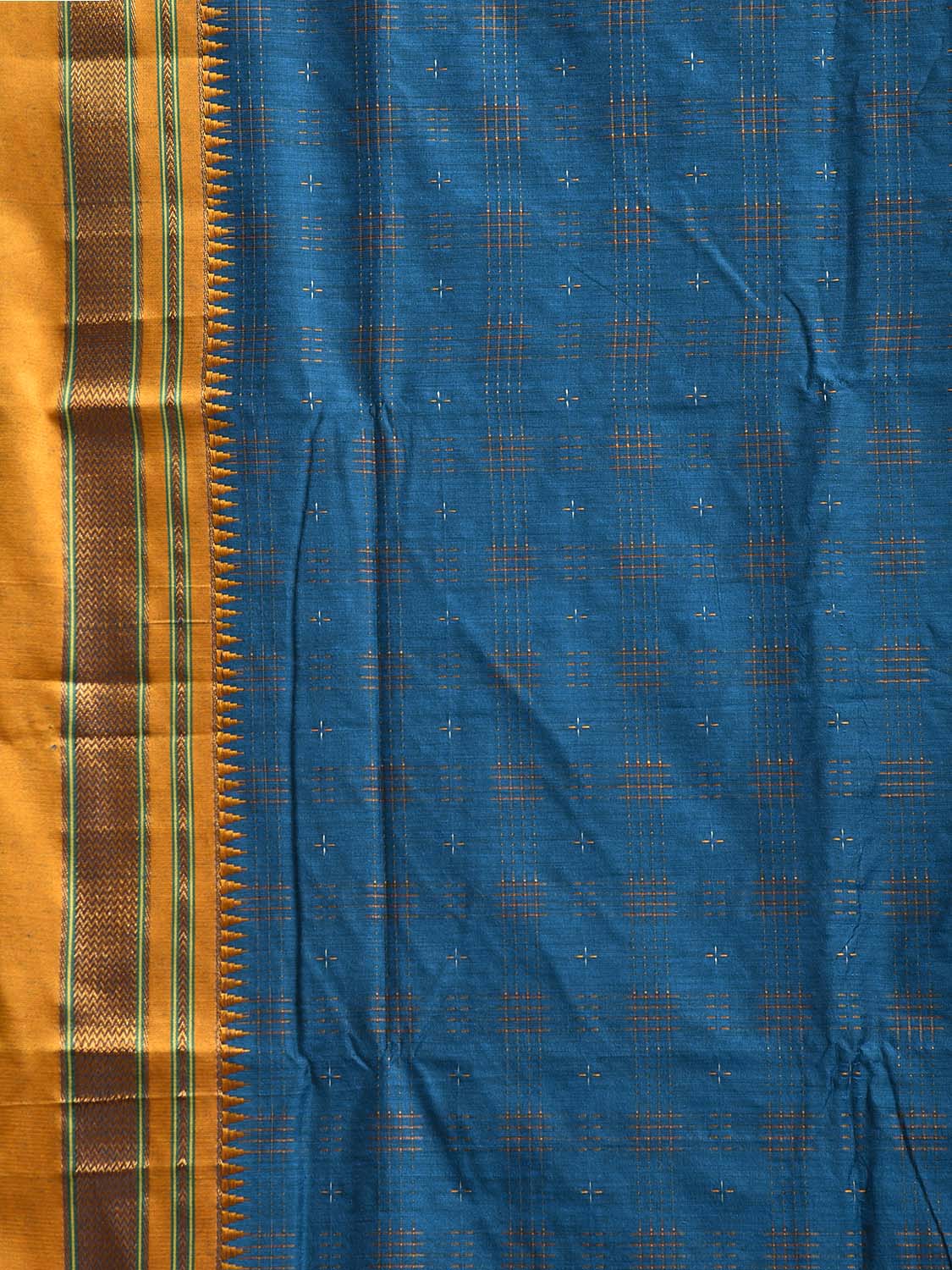 Blue and Yellow ilkal Cotton Viscose Saree with Strips Pallu Design No Blouse o0701