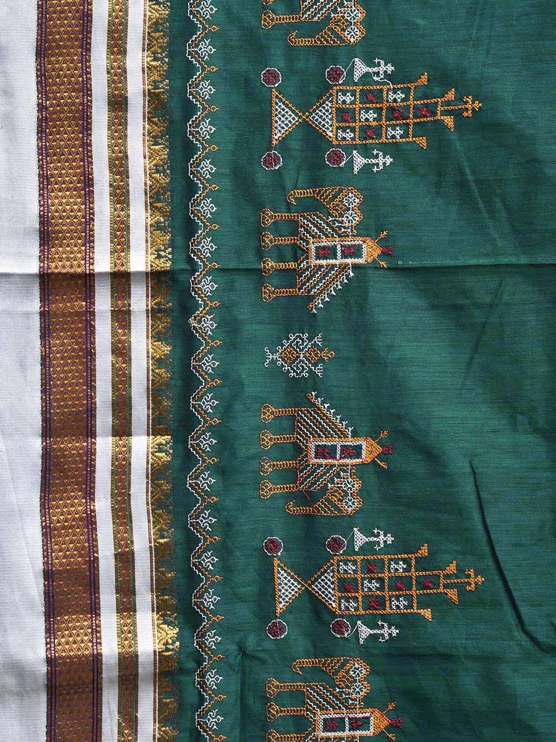 Green and White Kasuti Viscose Saree with Elephant Border and Strips Pallu Design No Blouse o0702