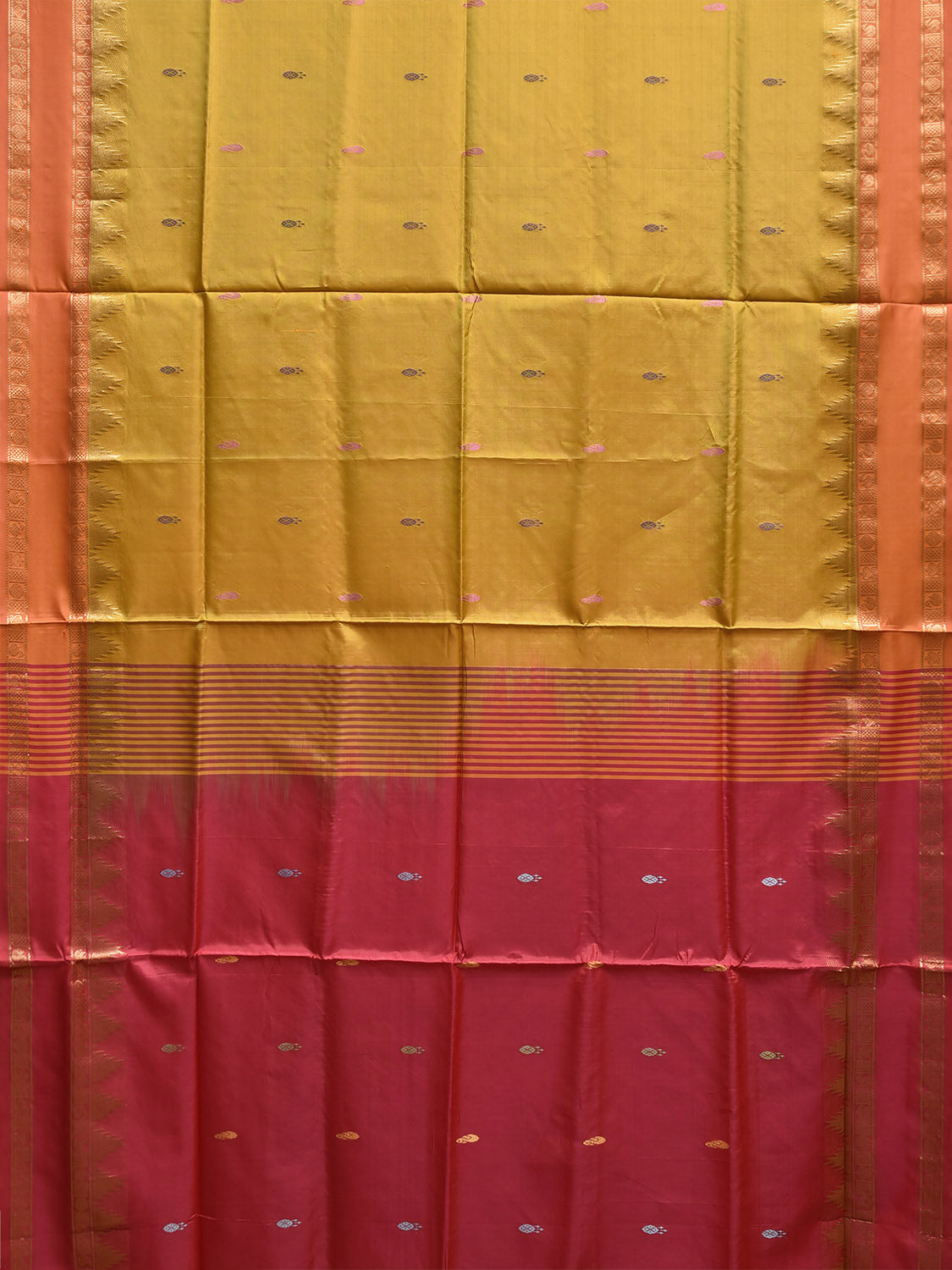 Yellow and Pink Banana Silk Saree with Small Buta and Temple Border Design o0706
