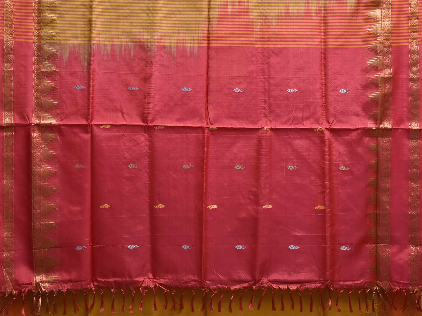 Yellow and Pink Banana Silk Saree with Small Buta and Temple Border Design o0706