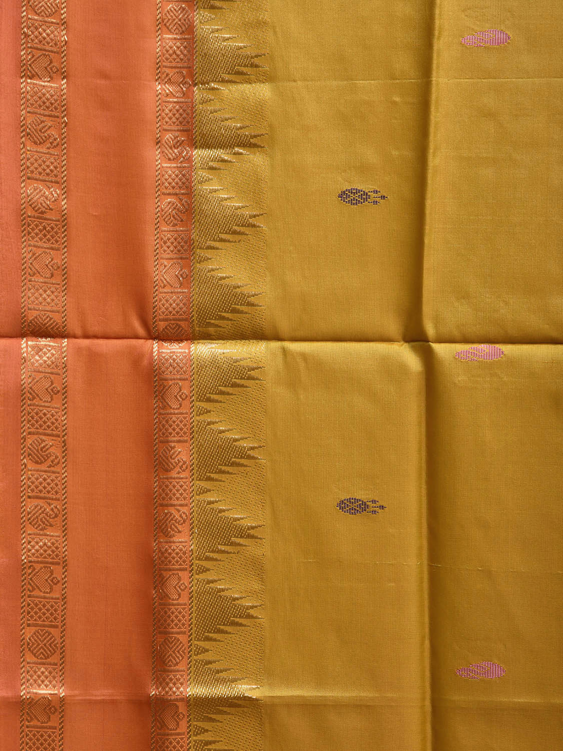 Yellow and Pink Banana Silk Saree with Small Buta and Temple Border Design o0706