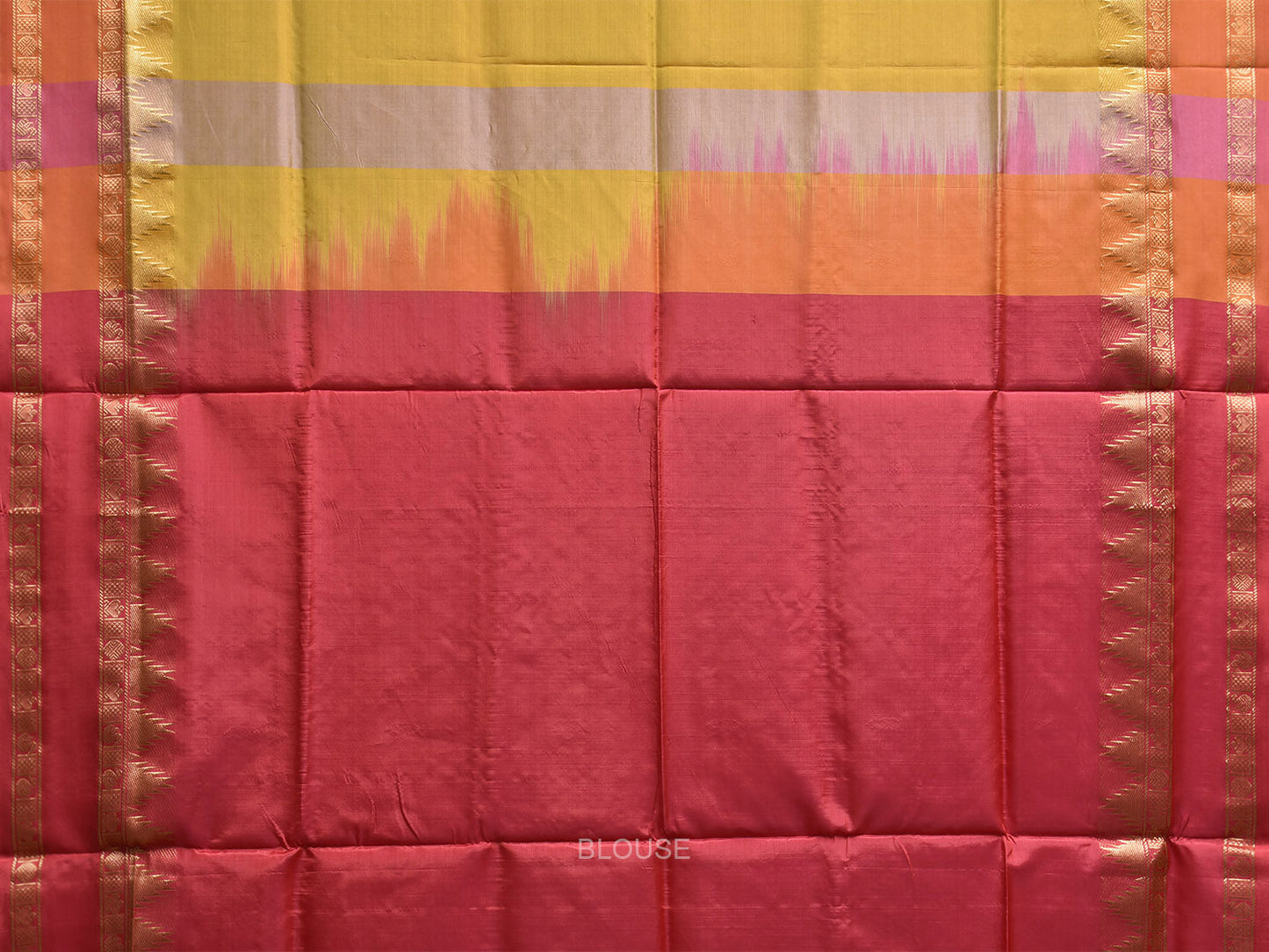 Yellow and Pink Banana Silk Saree with Small Buta and Temple Border Design o0706