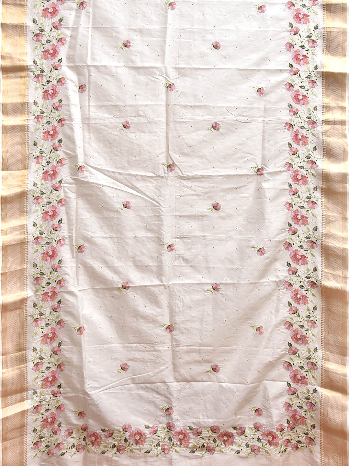 White Embroiday Cotton Viscose Saree with Petit Floral Design o0740