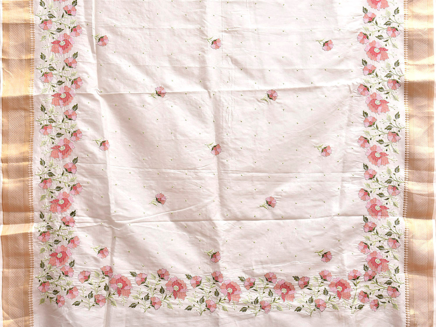 White Embroiday Cotton Viscose Saree with Petit Floral Design o0740