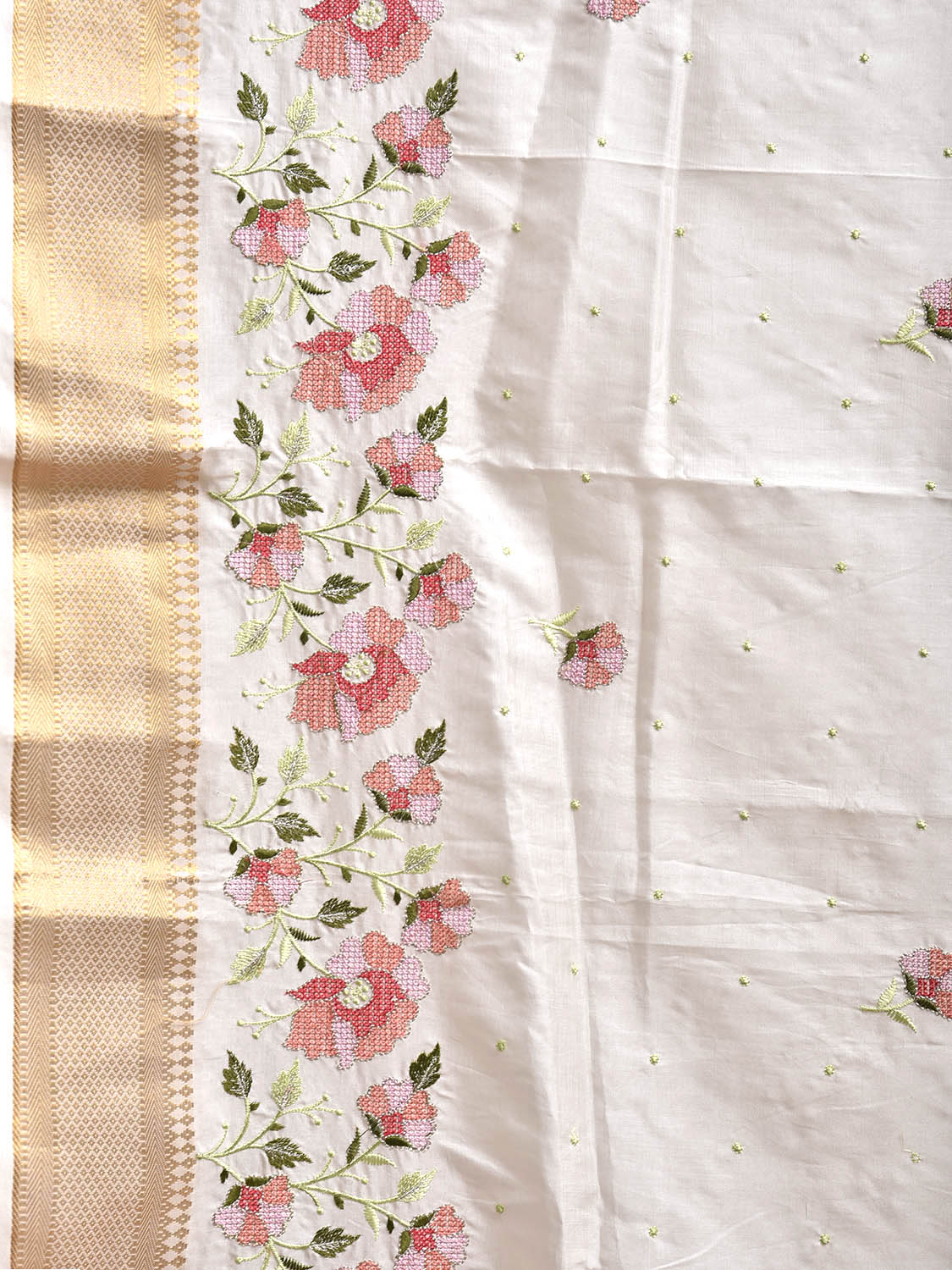 White Embroiday Cotton Viscose Saree with Petit Floral Design o0740
