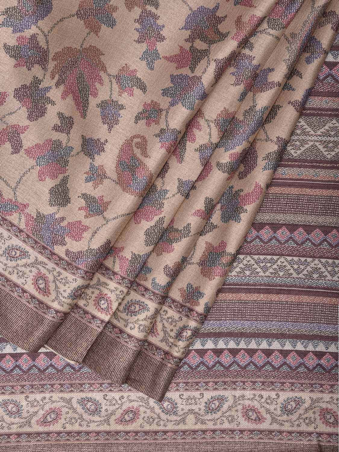 Cream and Pink Pashmina Print Viscose Saree with Floral and Pallu Deign o0742