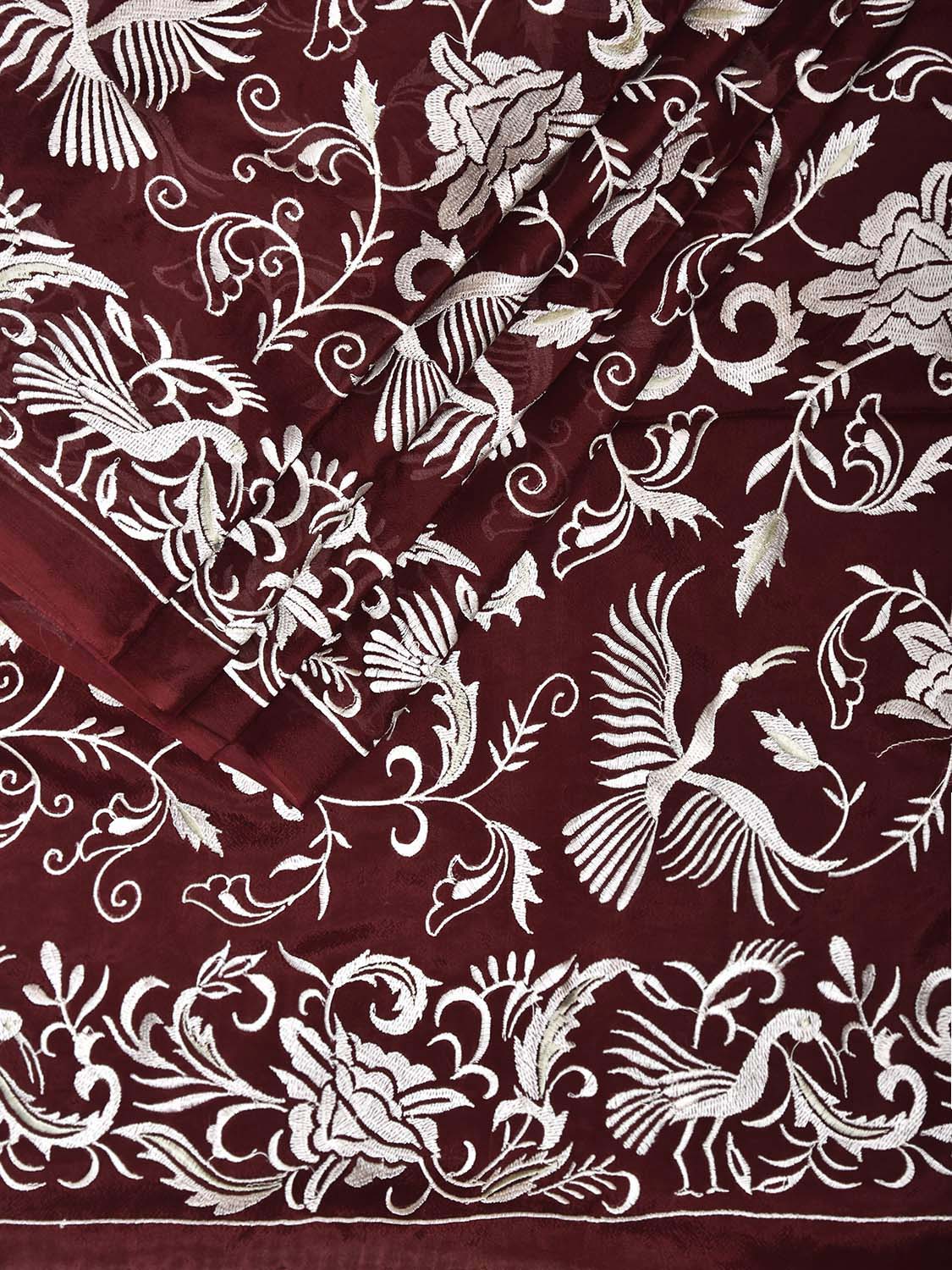 Maroon Parsigara Crepe Saree with All Over Birds and Border Design o0745