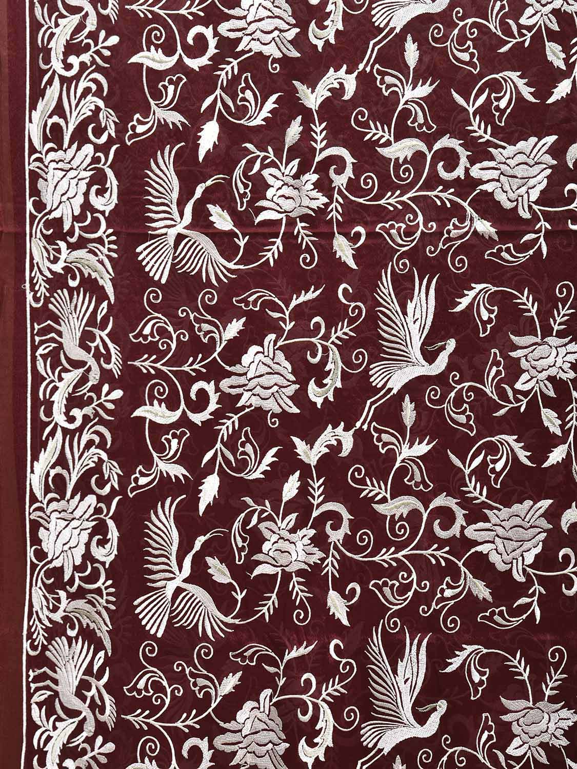 Maroon Parsigara Crepe Saree with All Over Birds and Border Design o0745