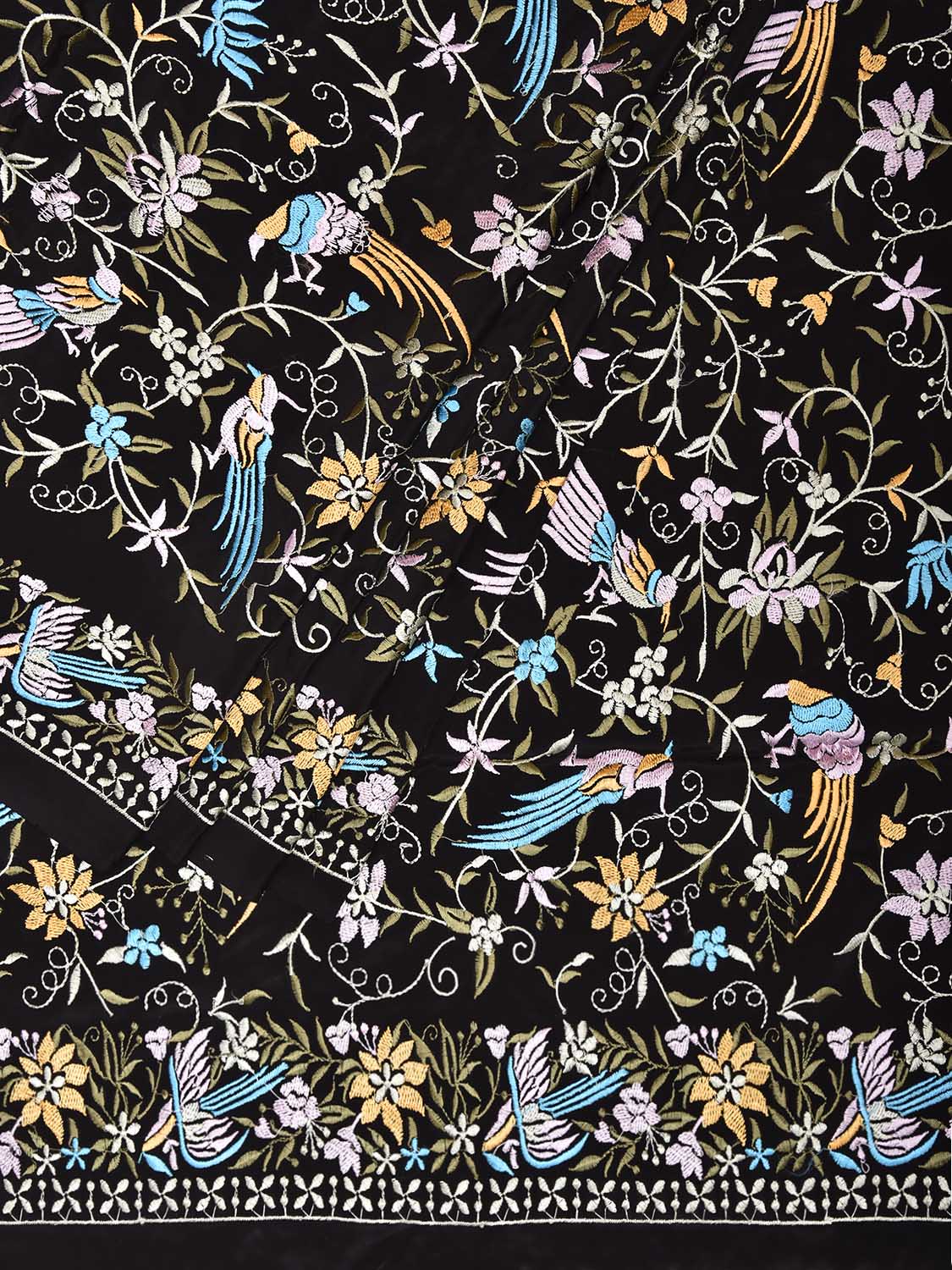 Black Parsigara Crepe Saree with All Over Birds and Border Design o0746