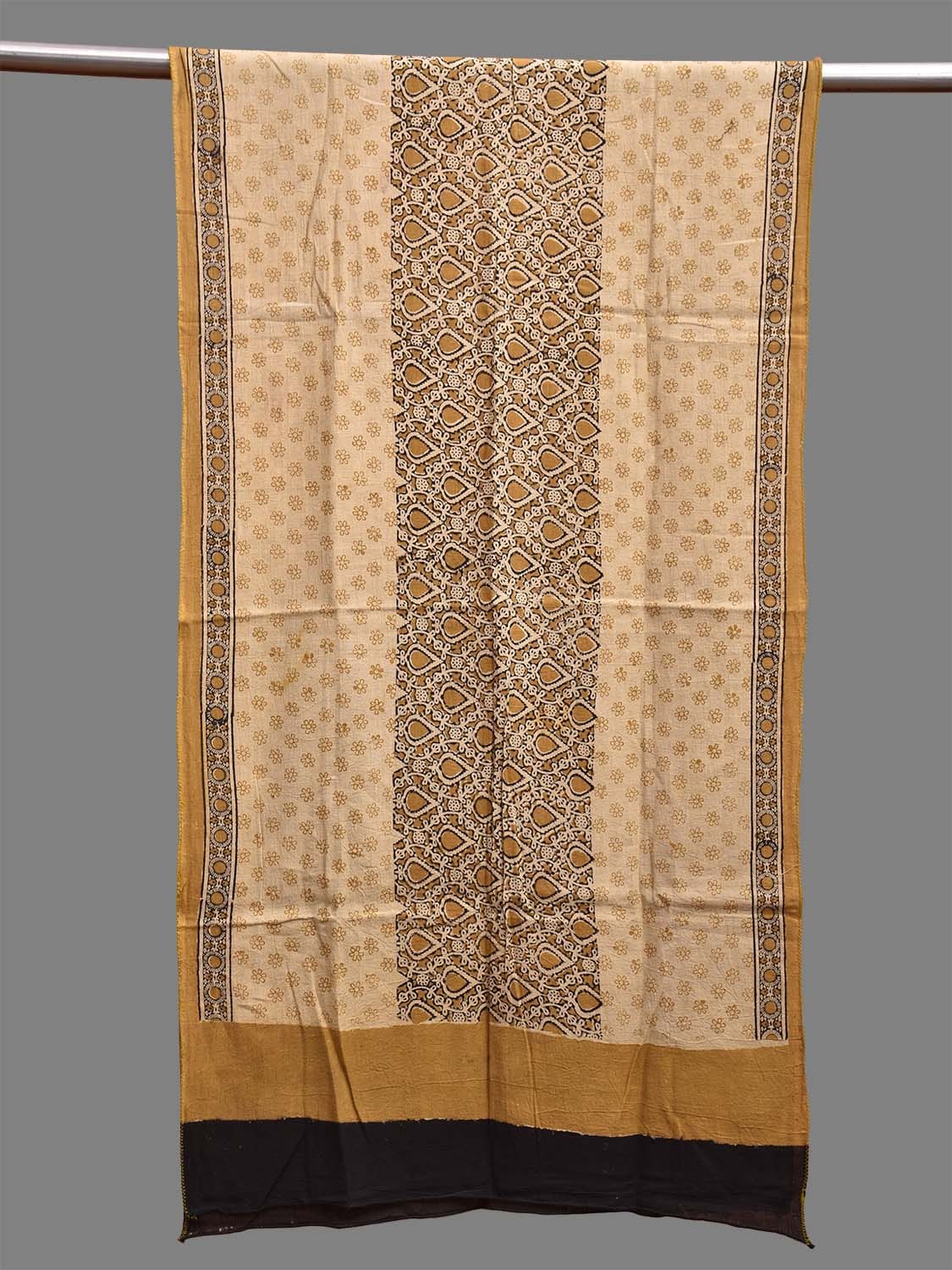 Olive and Black Kalamkari Block Print Cotton Silk Stole with Grill Design ds3728