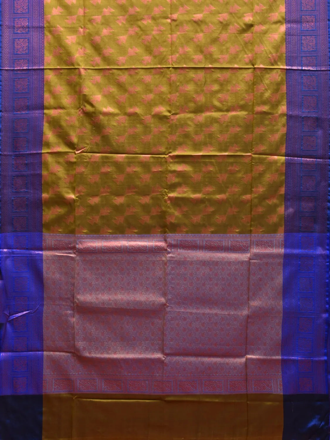 Olive and Blue Banaras Katan Silk Saree with Border and Body Butta Design b0050ds
