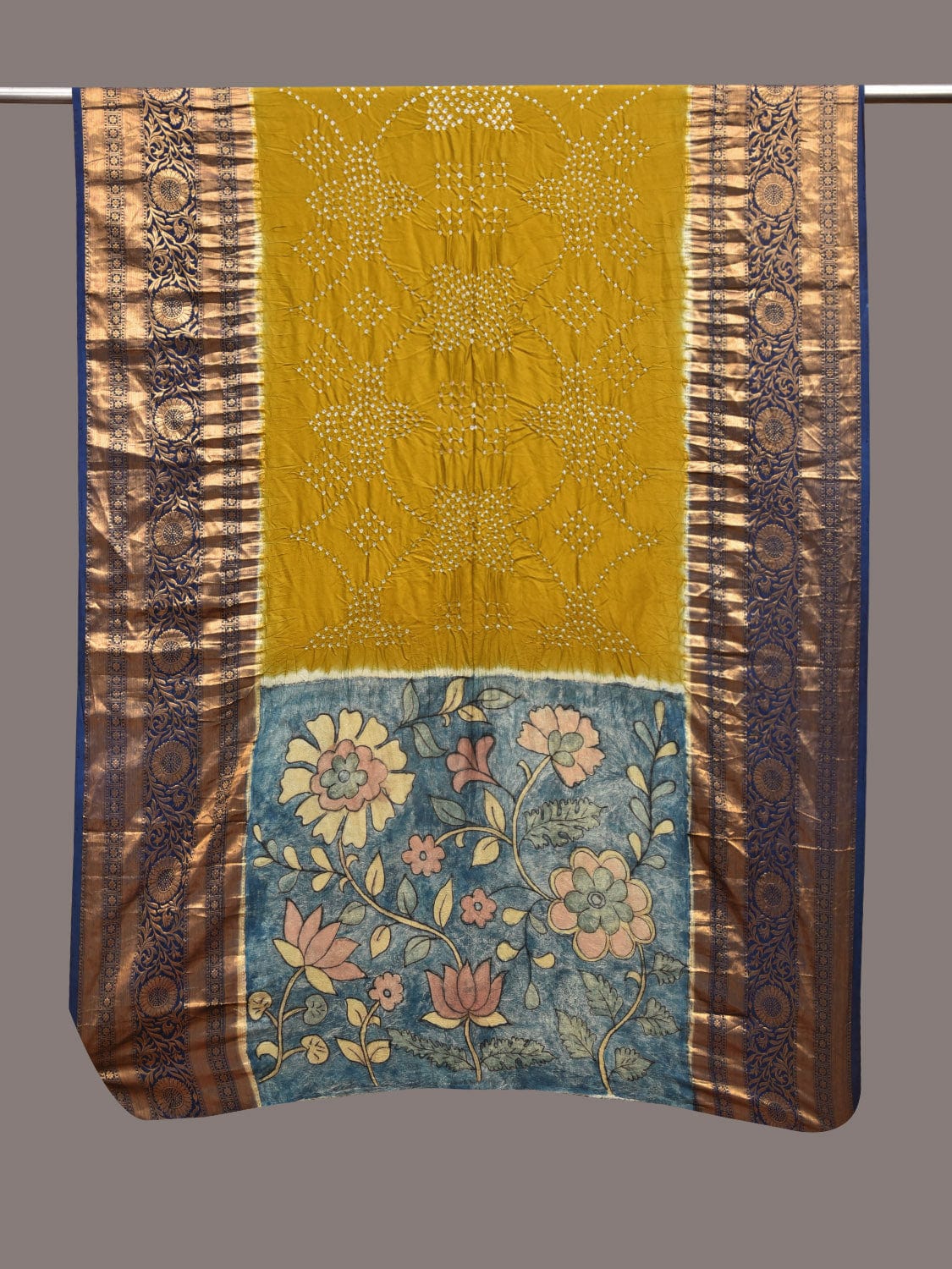 Olive and Blue Bandhani Kanchipuram Silk Handloom Dupatta with Kalamkari Design ds3569
