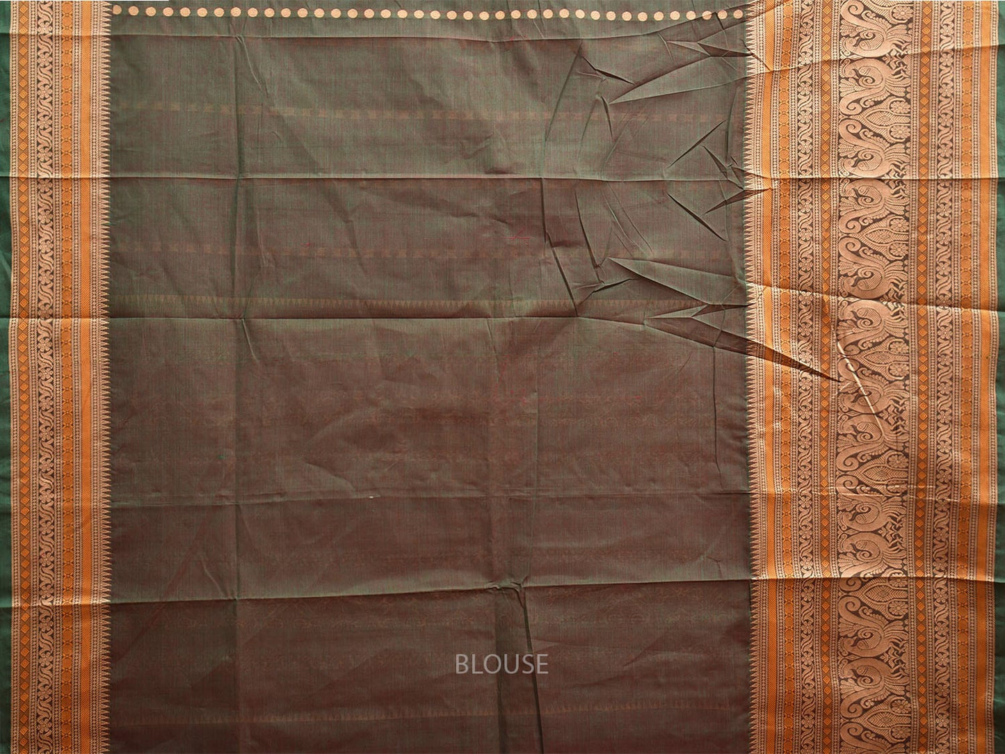 Olive and Cream Kanchipuram Cotton Saree with Pallu and Big Border Design k0759
