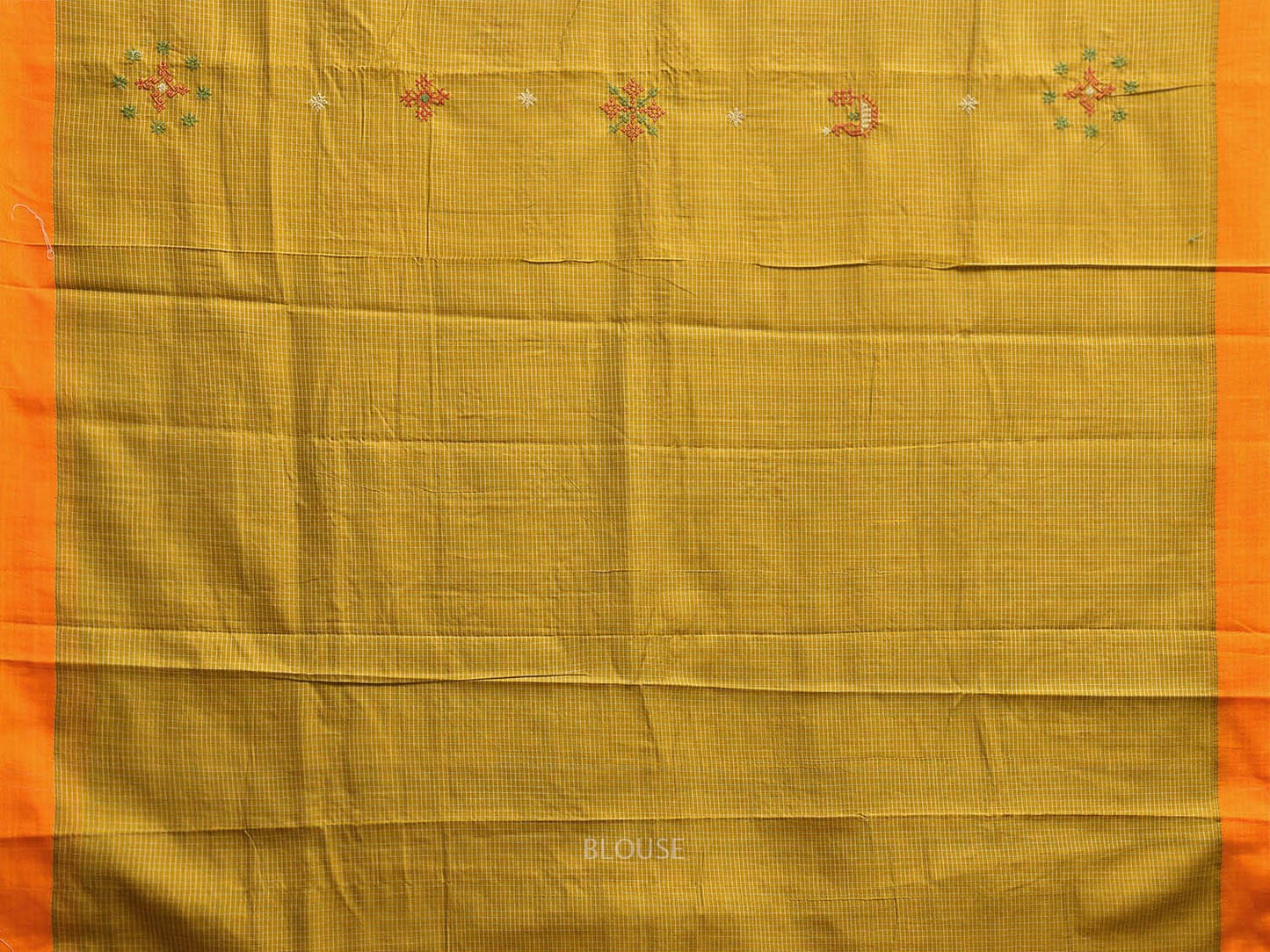 Olive and Orange Cotton Silk Handloom Saree with Kasuti Work and Checks Design o0642