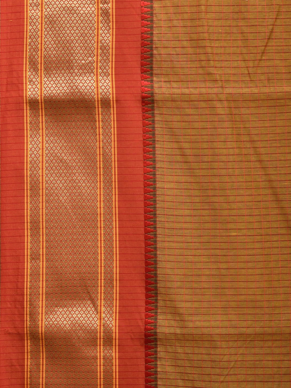 Olive and Red Bamboo Cotton Saree with Checks Design No Blouse bc0305
