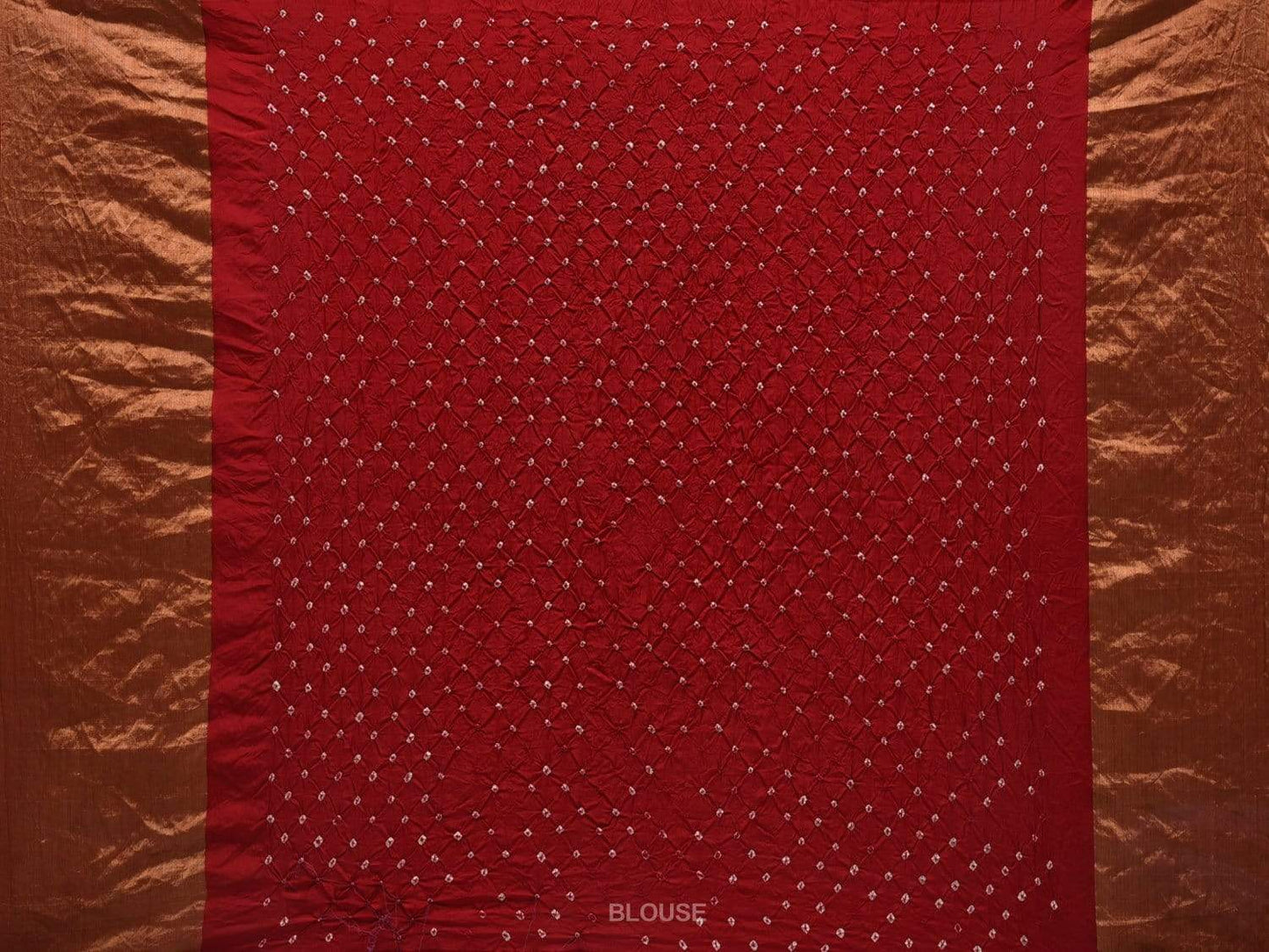 Olive and Red Bandhani Kanchipuram Silk Handloom Saree with Leaf Design bn0303