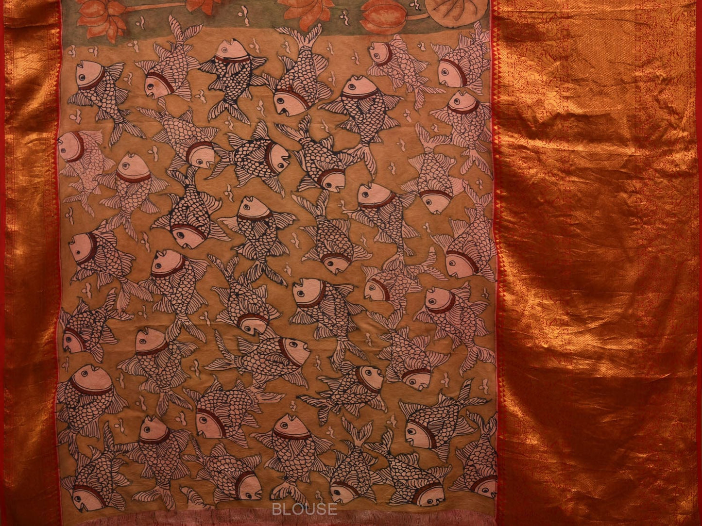 Olive and Red Kalamkari Hand Painted Kanchipuram Silk Handloom Saree with Lotus and Fish Design KL0652