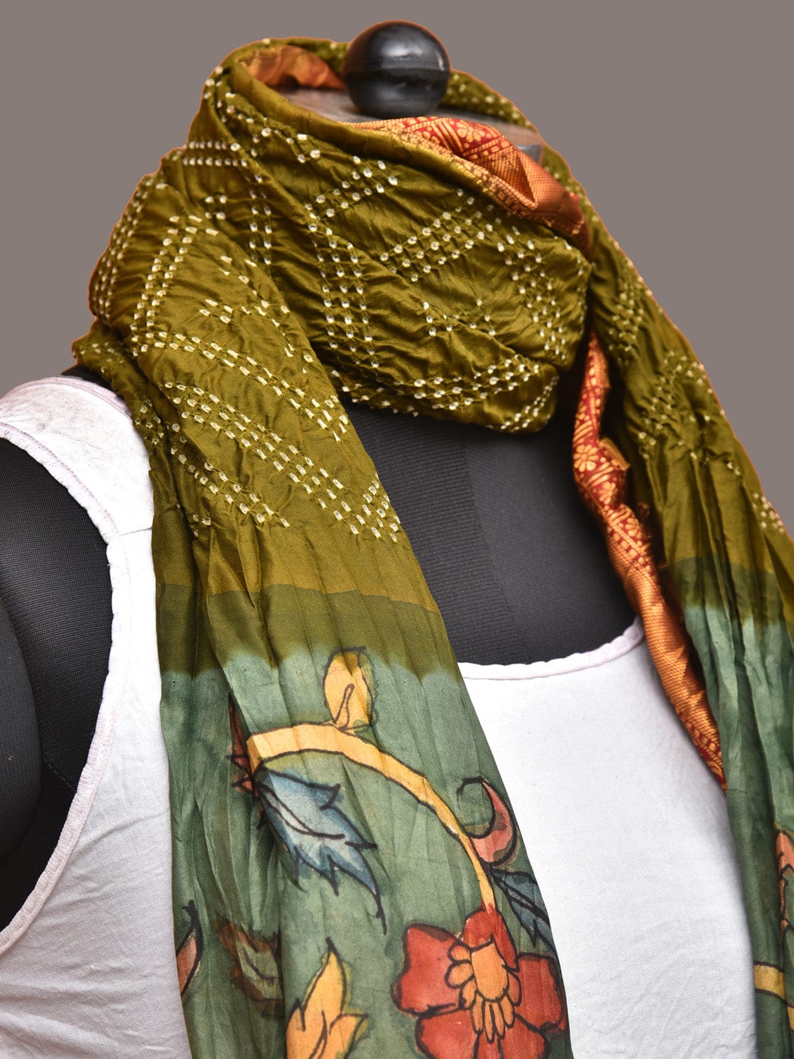 Olive and Sea Green Bandhani Kanchipuram Silk Handloom Dupatta with Kalamkari Floral Work Design ds3338