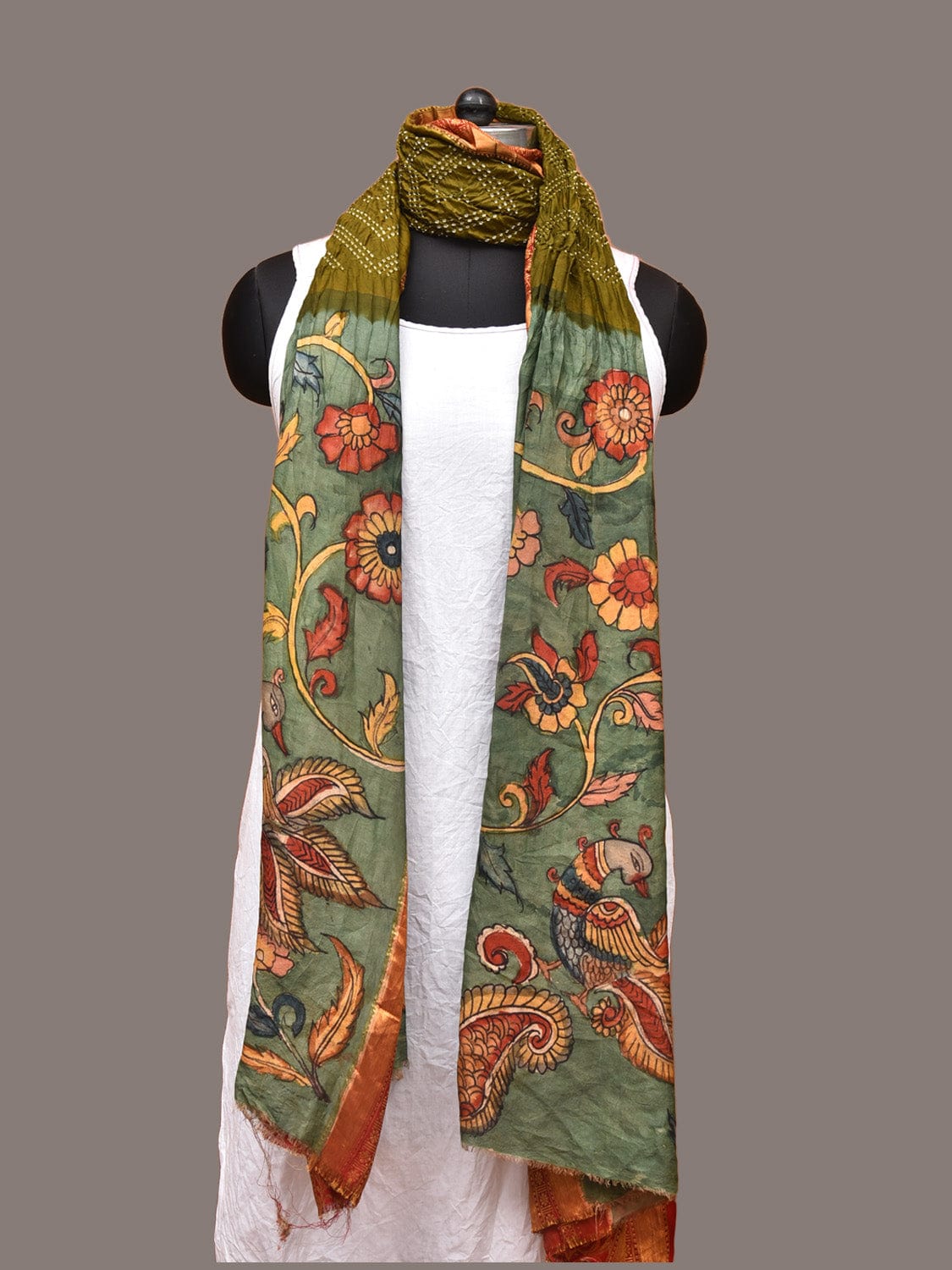 Olive and Sea Green Bandhani Kanchipuram Silk Handloom Dupatta with Kalamkari Floral Work Design ds3338