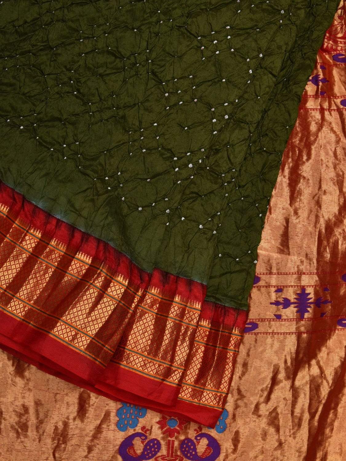 Olive Bandhani Paithani Silk Handloom Saree with Pallu Design bn0275