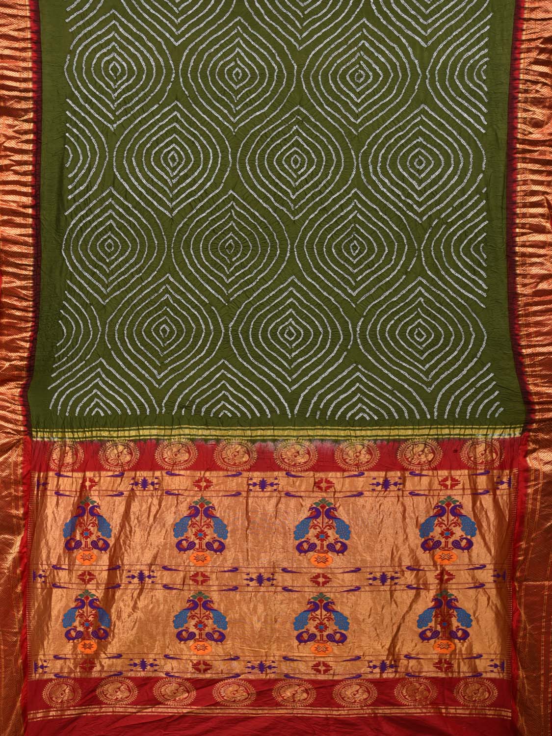 Olive Bandhani Paithani Silk Handloom Saree with Pallu Design bn0275