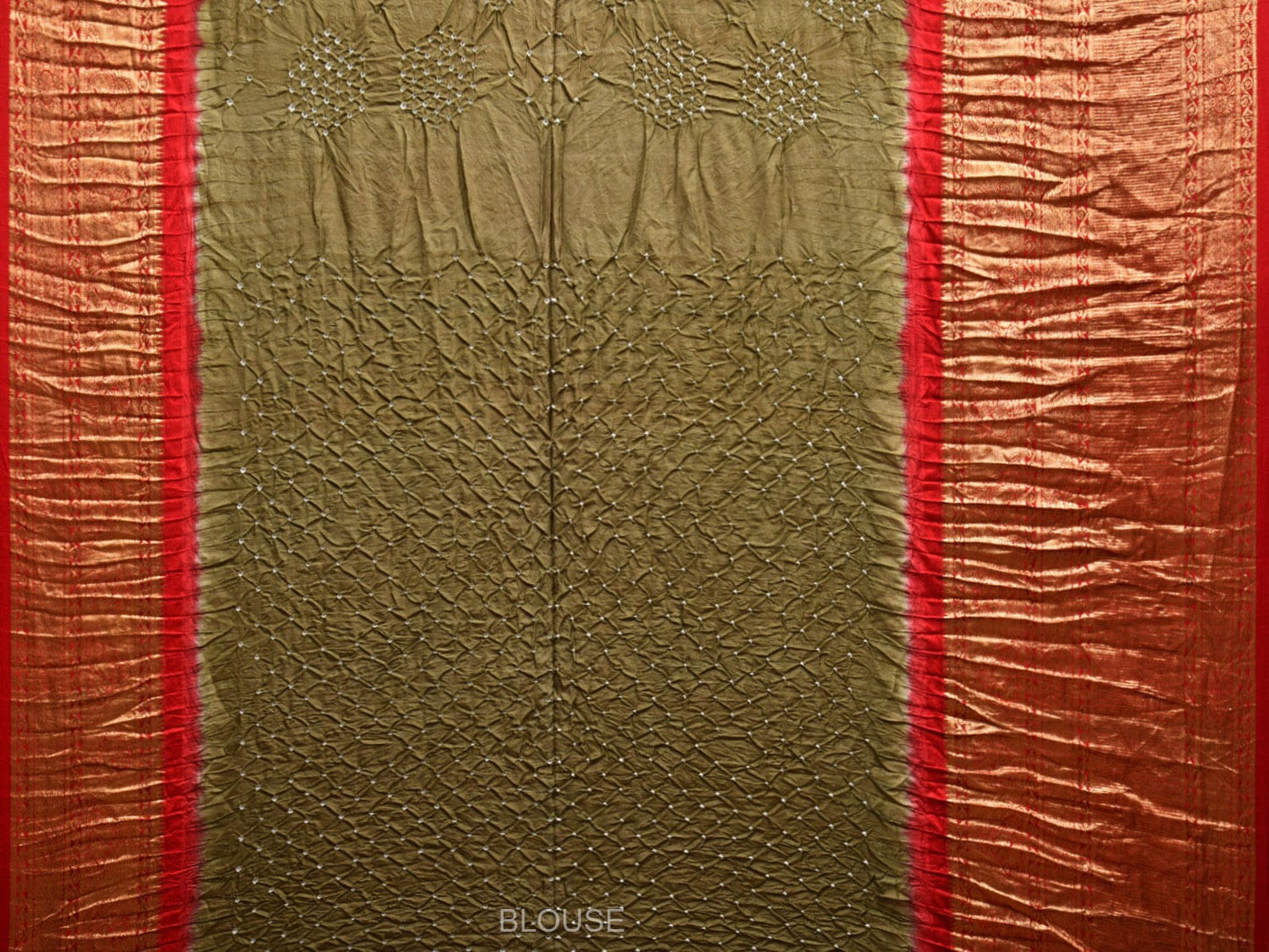 Olive Green and Red Bandhani Kanchipuram Silk Handloom Saree with Floral Design bn0499