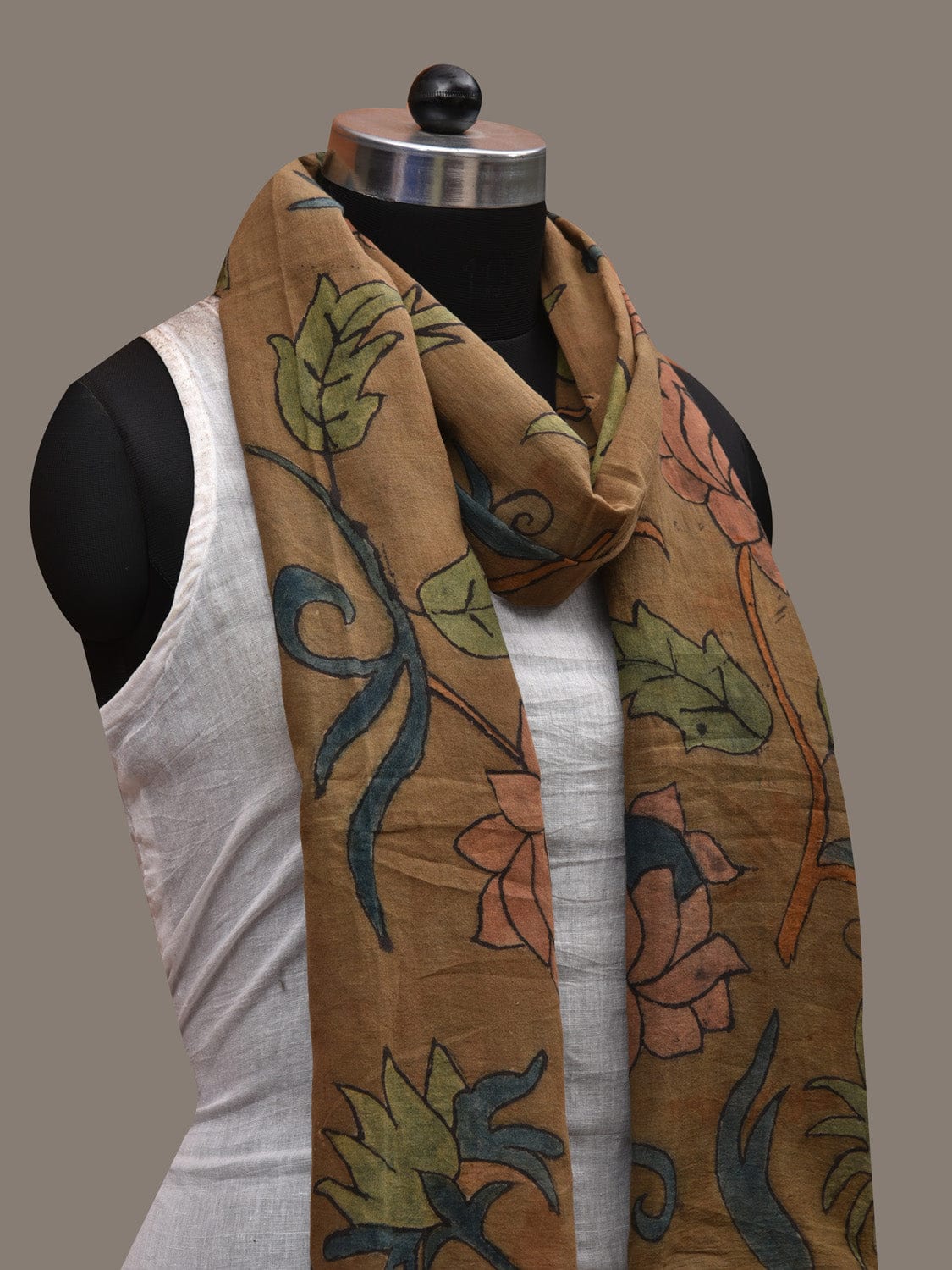 Olive Kalamkari Hand Painted Cotton Handloom Stole with Floral Design ds2812