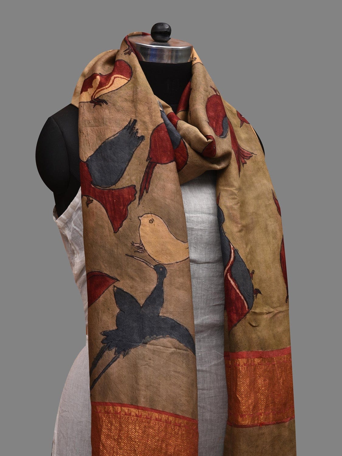 Olive Kalamkari Hand Painted Kanchipuram Silk Handloom Dupatta with Birds Design ds2621