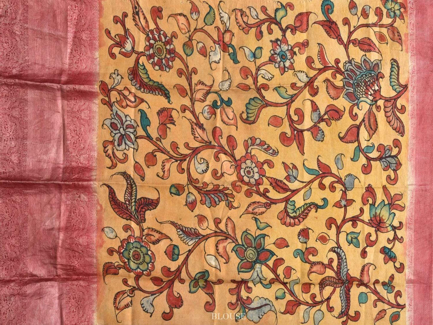Olive Kalamkari Hand Painted Kanchipuram Silk Handloom Saree with Floral Design KL0454