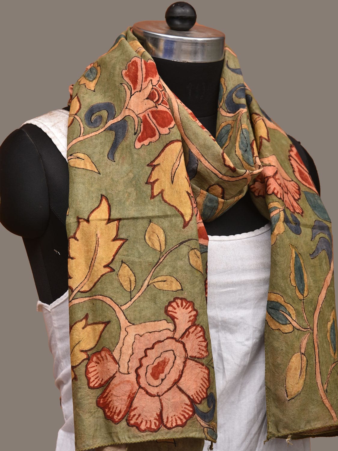 Olive Kalamkari Hand Painted Sico Stole with Floral Design ds3148