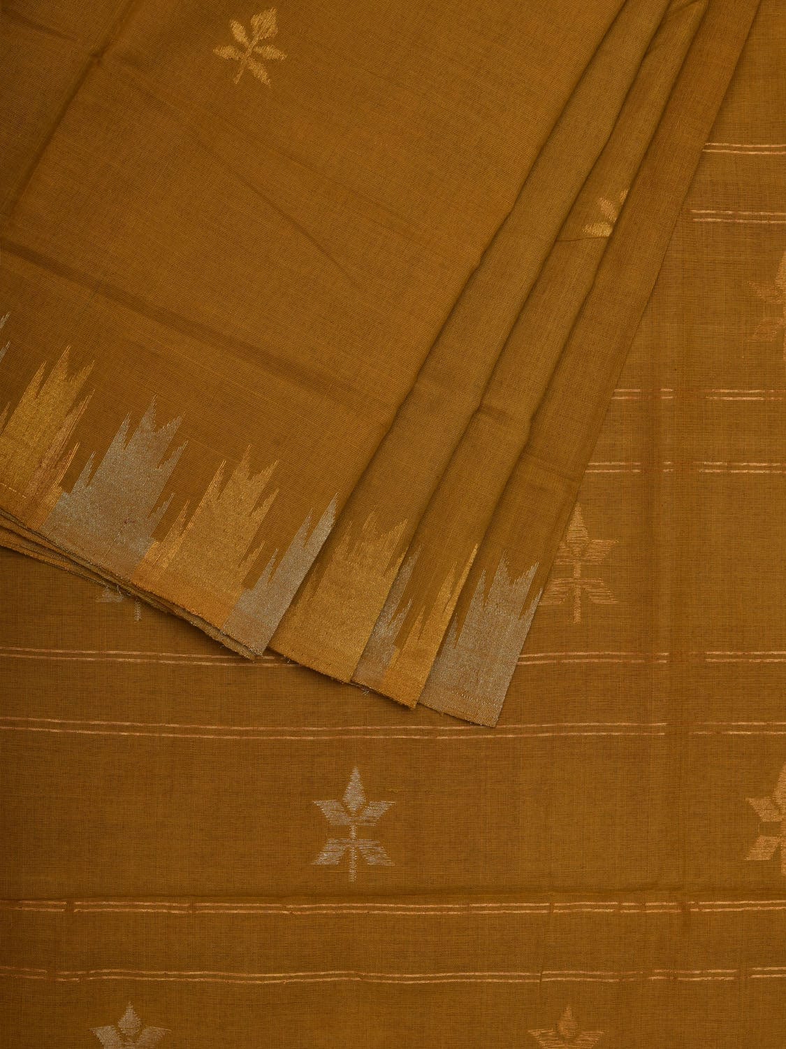 Olive Khadi Cotton Handloom Saree with Temple Border Design kh0538