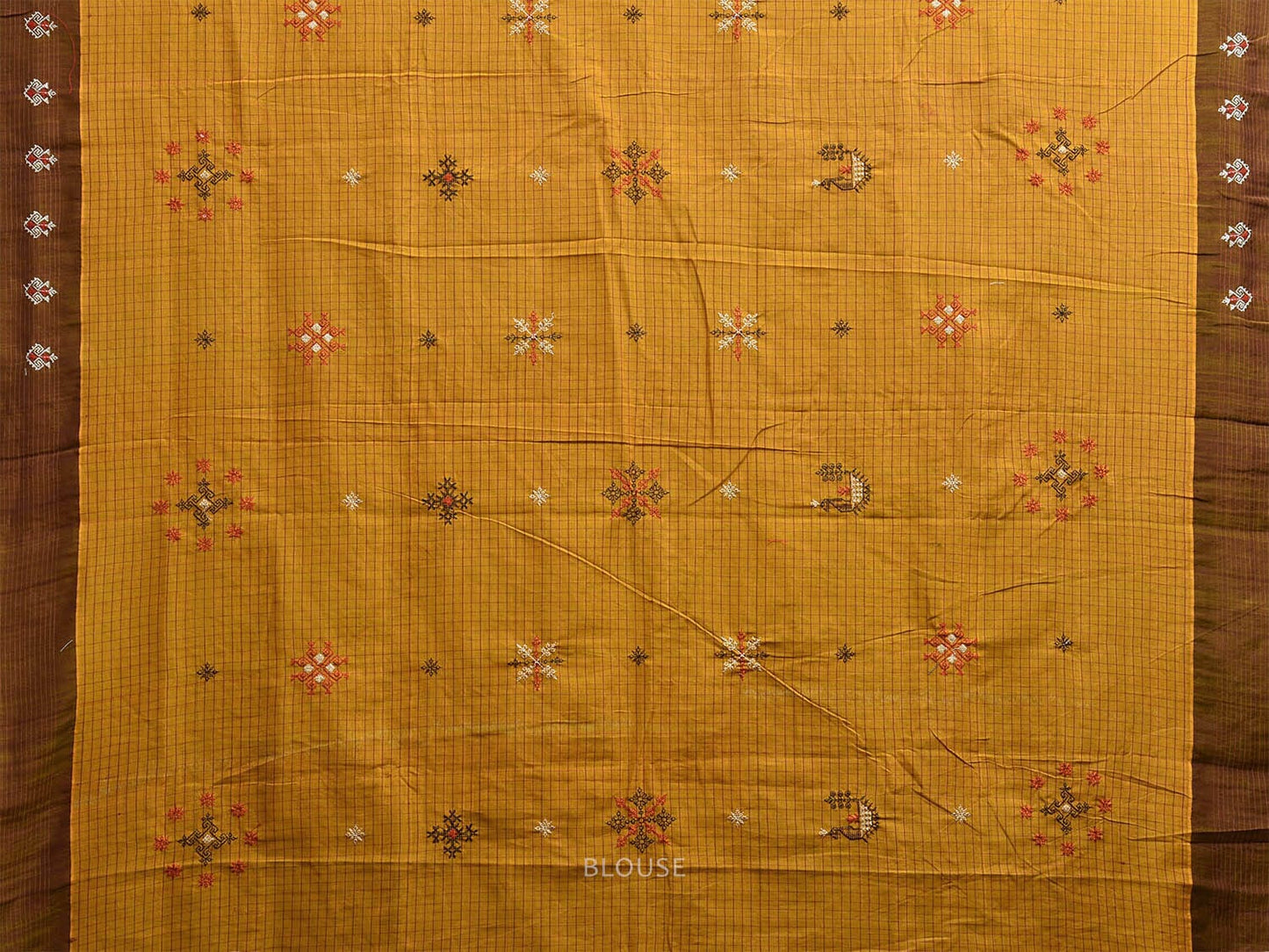 Olive Narayanpet Cotton Handloom Saree with Kasuti Work and Checks Design o0671