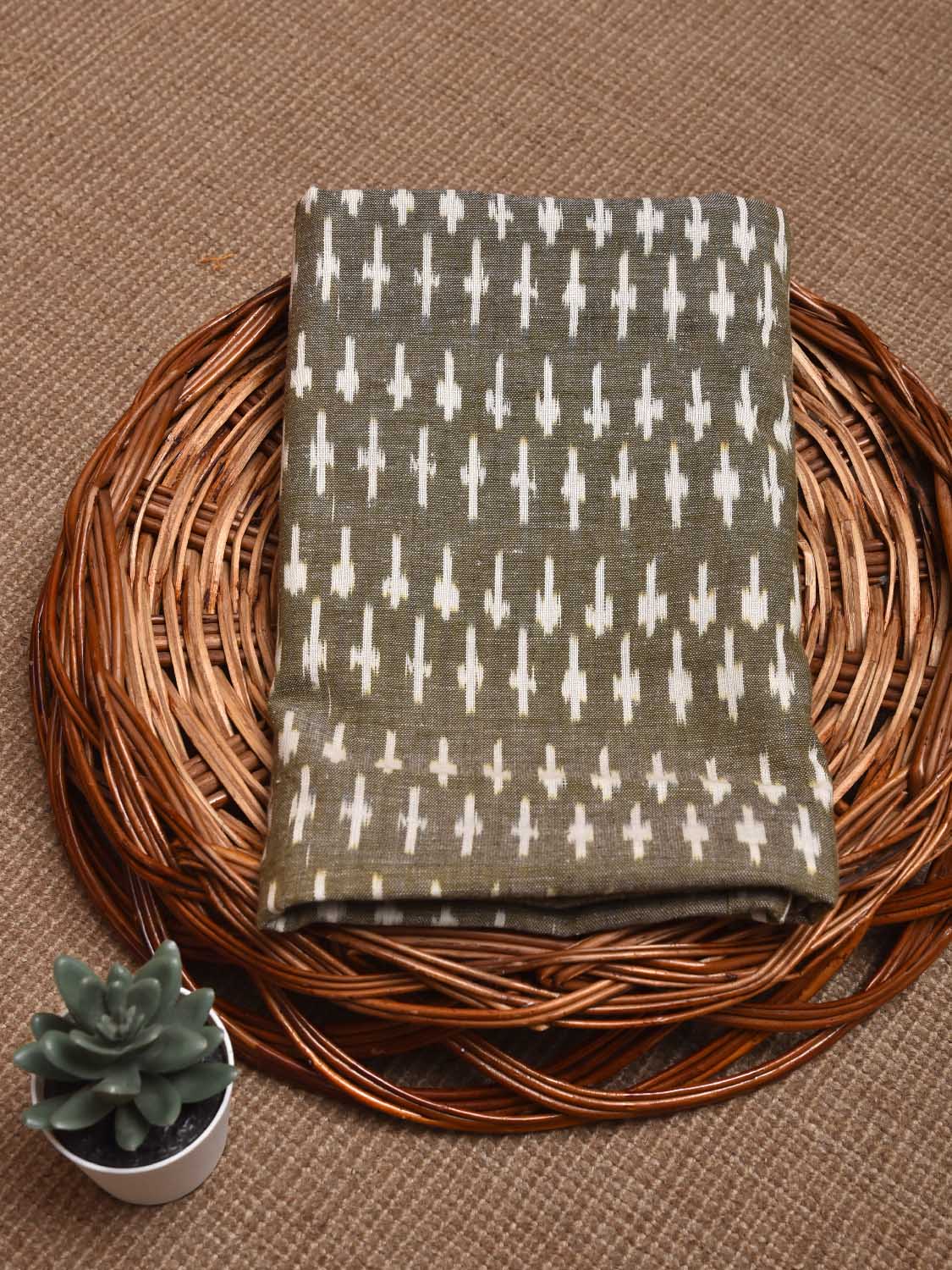Olive Pochampally Ikat Cotton Handloom Blouse with Small Buta Design Length 90cm Width 44 Inches BL0146