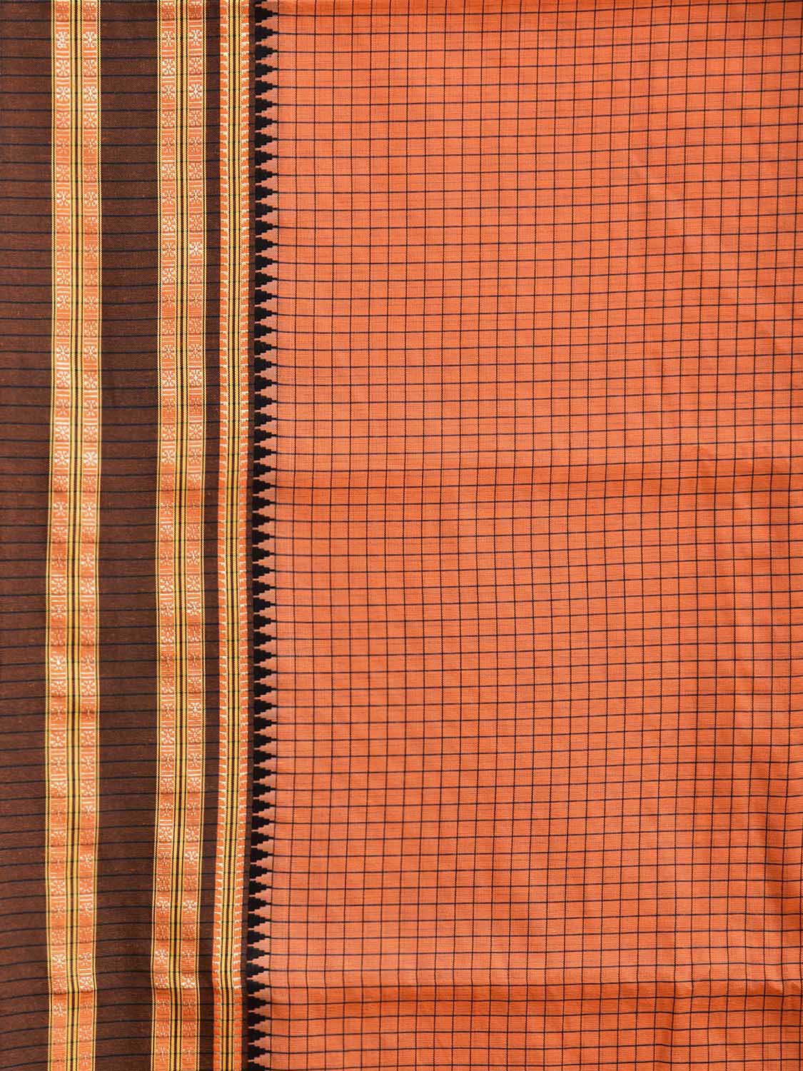 Orange and Black Bamboo Cotton Saree with Checks Design No Blouse bc0776