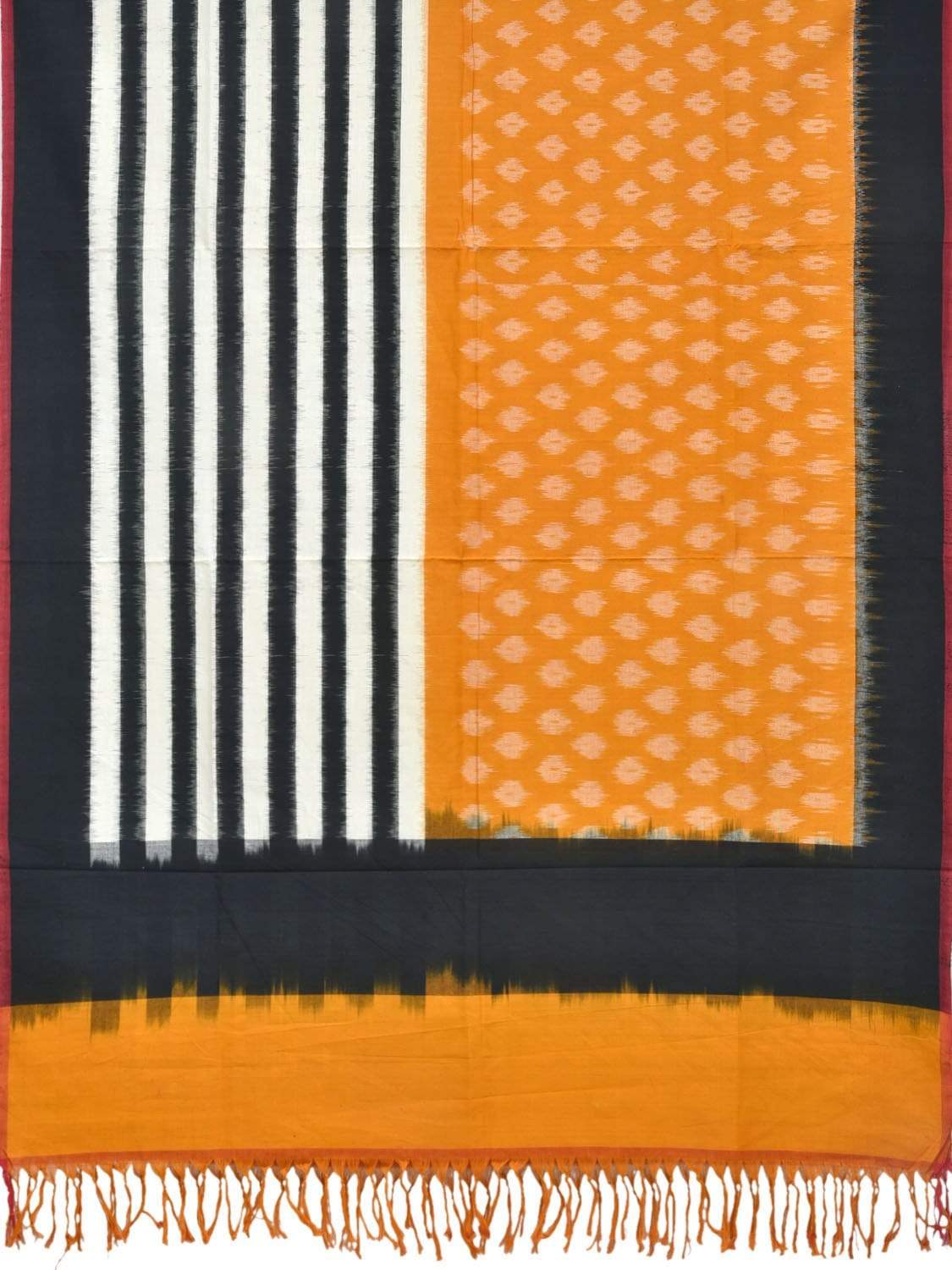 Orange and Black Pochampally Ikat Cotton Handloom Dupatta with Strips and Buta Design ds1842