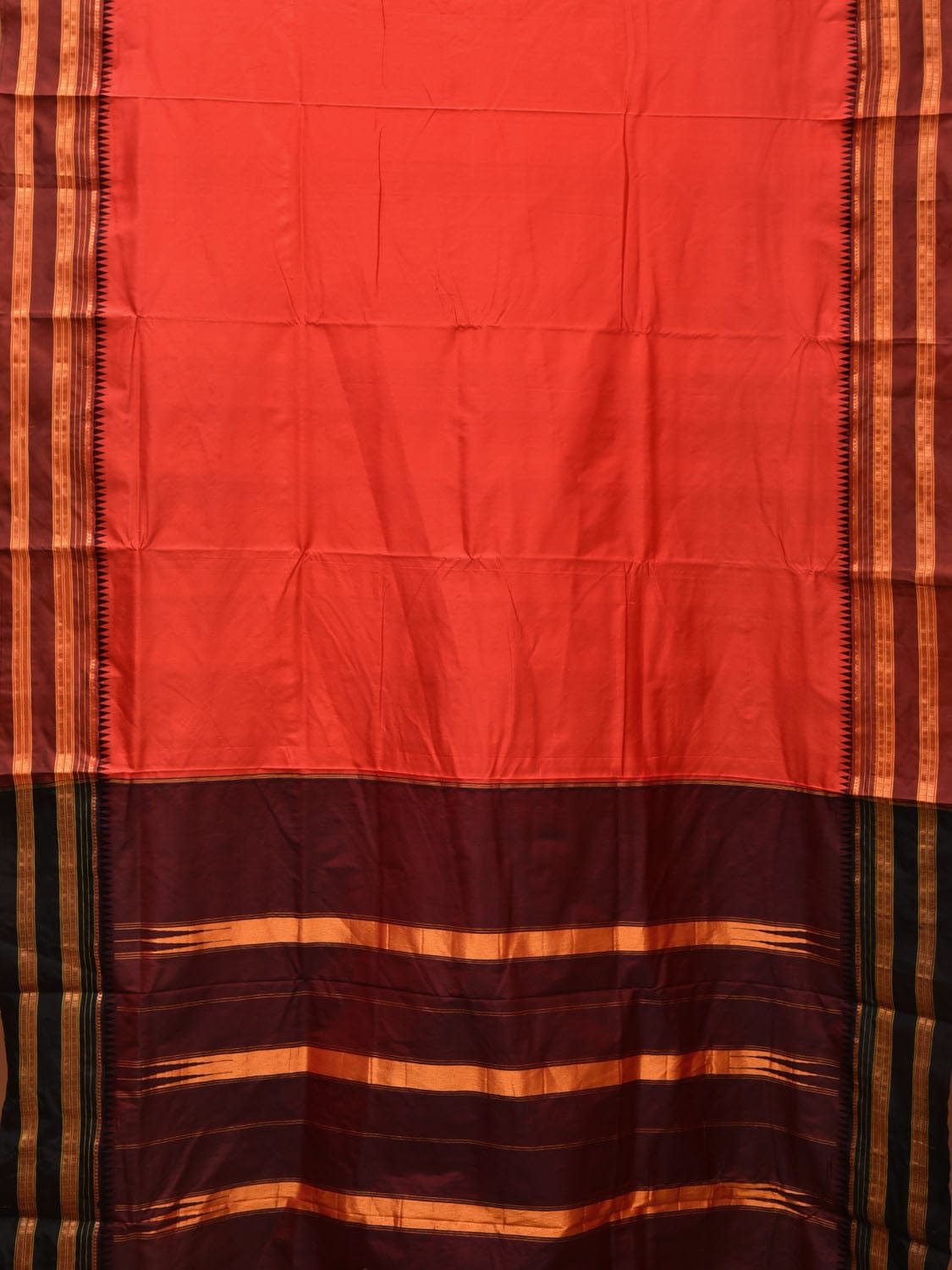 Orange and Brown Narayanpet Silk Handloom Plain Saree with Traditional Border Design No Blouse np0672