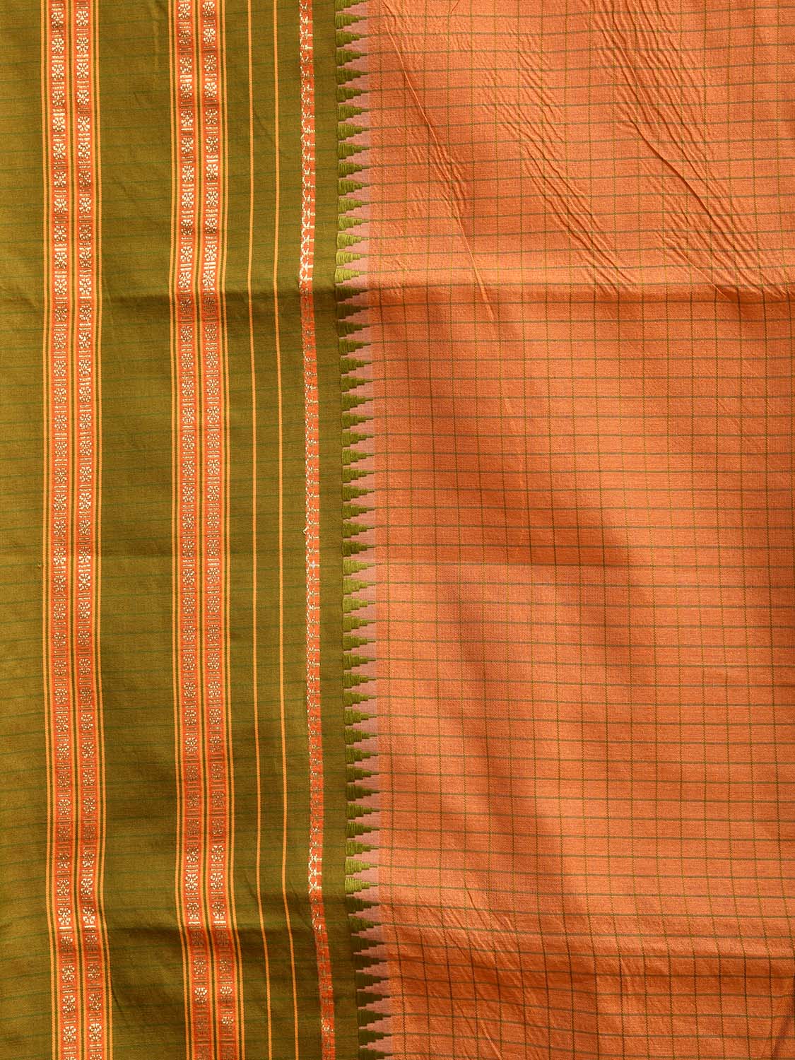 Orange and Green Bamboo Cotton Viscose Silk Saree with Checks and Contrast Pallu Design No Blouse bc0578